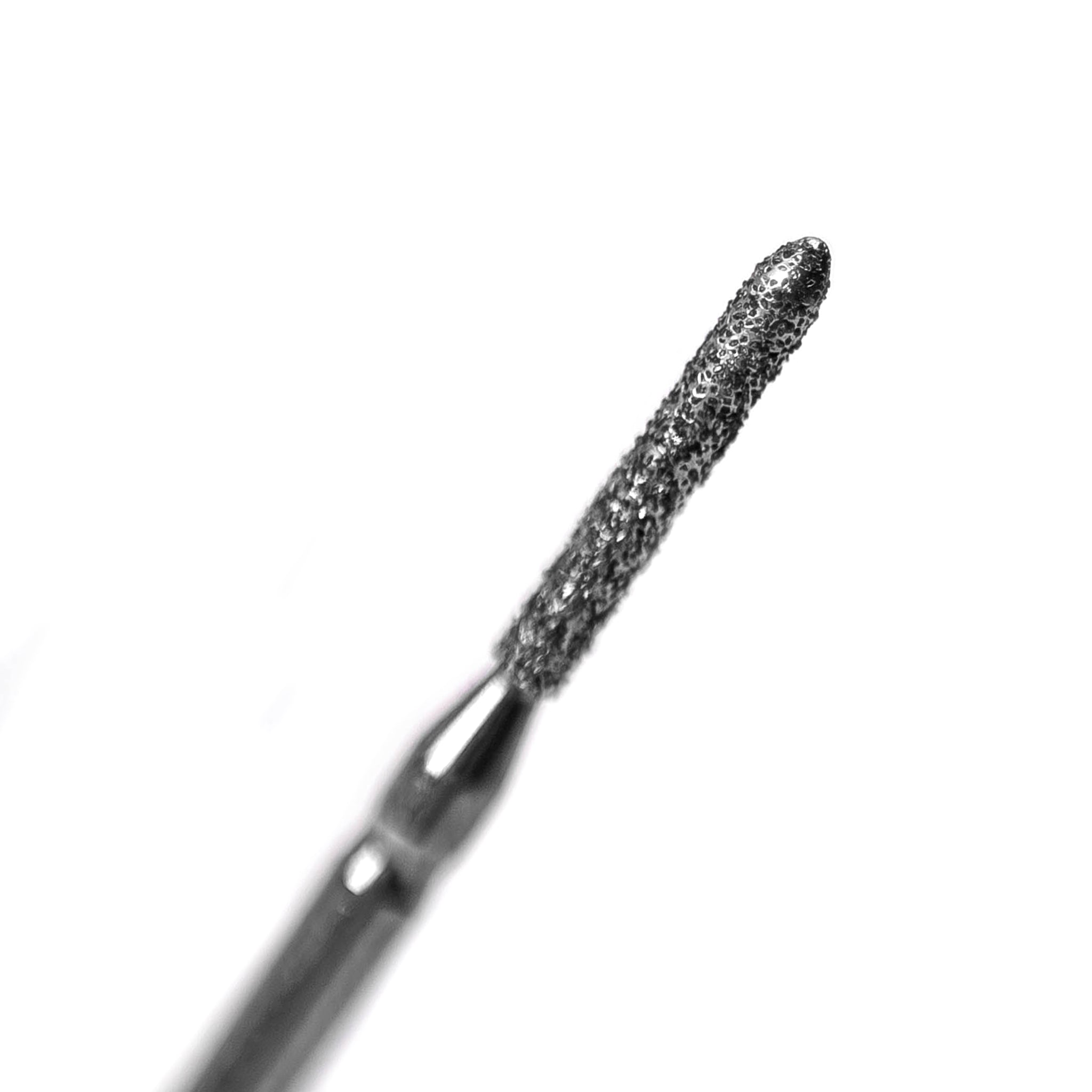 A close-up of a crown prep bur with a torpedo shape (parallel chamfer), medium diamond grit, used for achieving accurate chamfered crown margins.