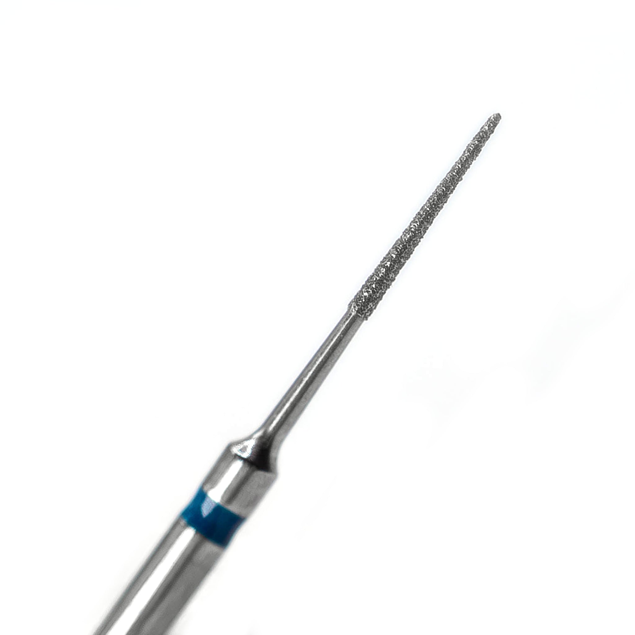 Close-up view of the E11S/PF Diamond Needle Bur featuring a blue marking, designed for precise interproximal reduction with a 0.65mm diameter tip and fine grit. Ideal for orthodontic and restorative dental procedures.