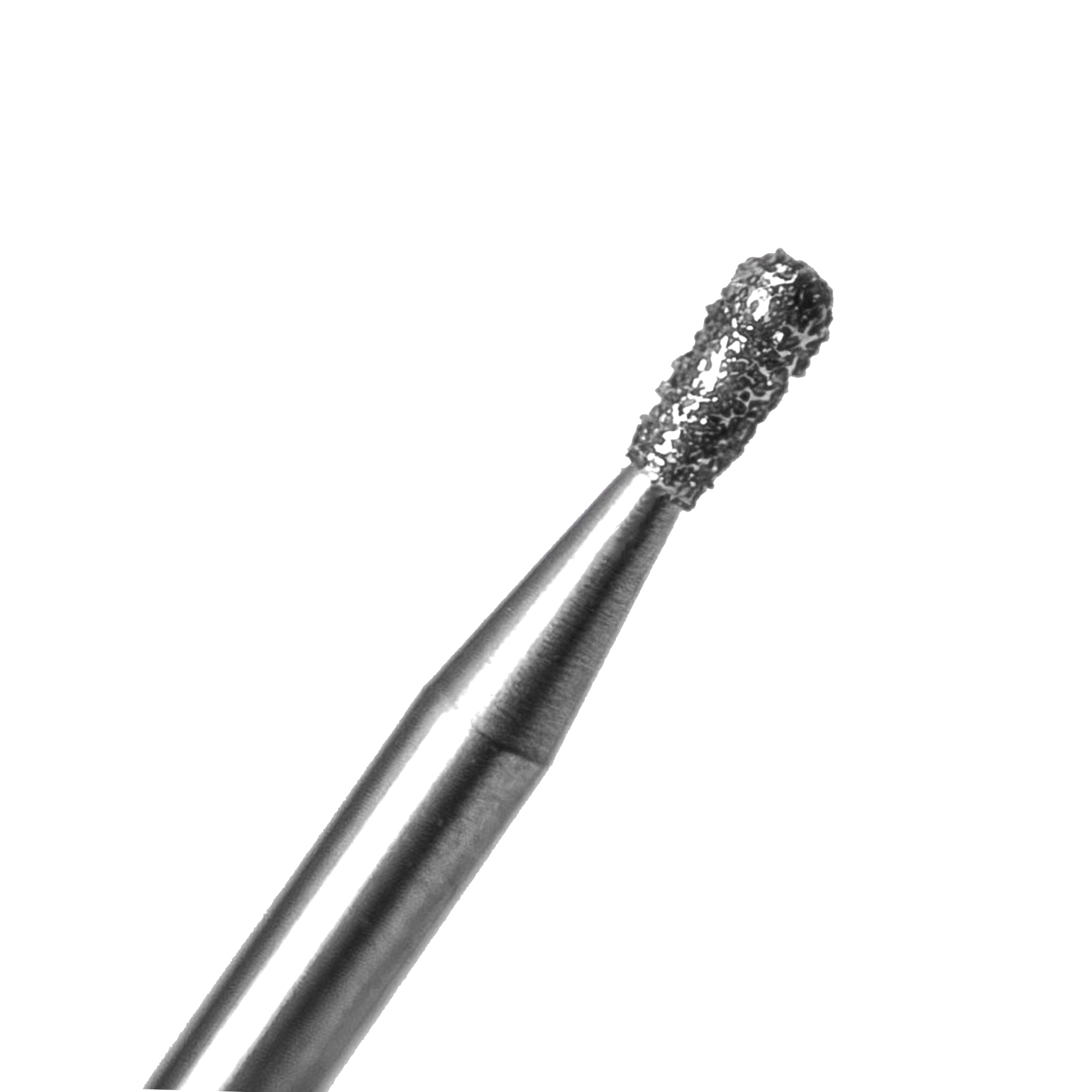 A close-up of a pear-shaped diamond-coated cavity prep bur with medium grit for efficient restorative procedures, product code 830 012, pack of 6.