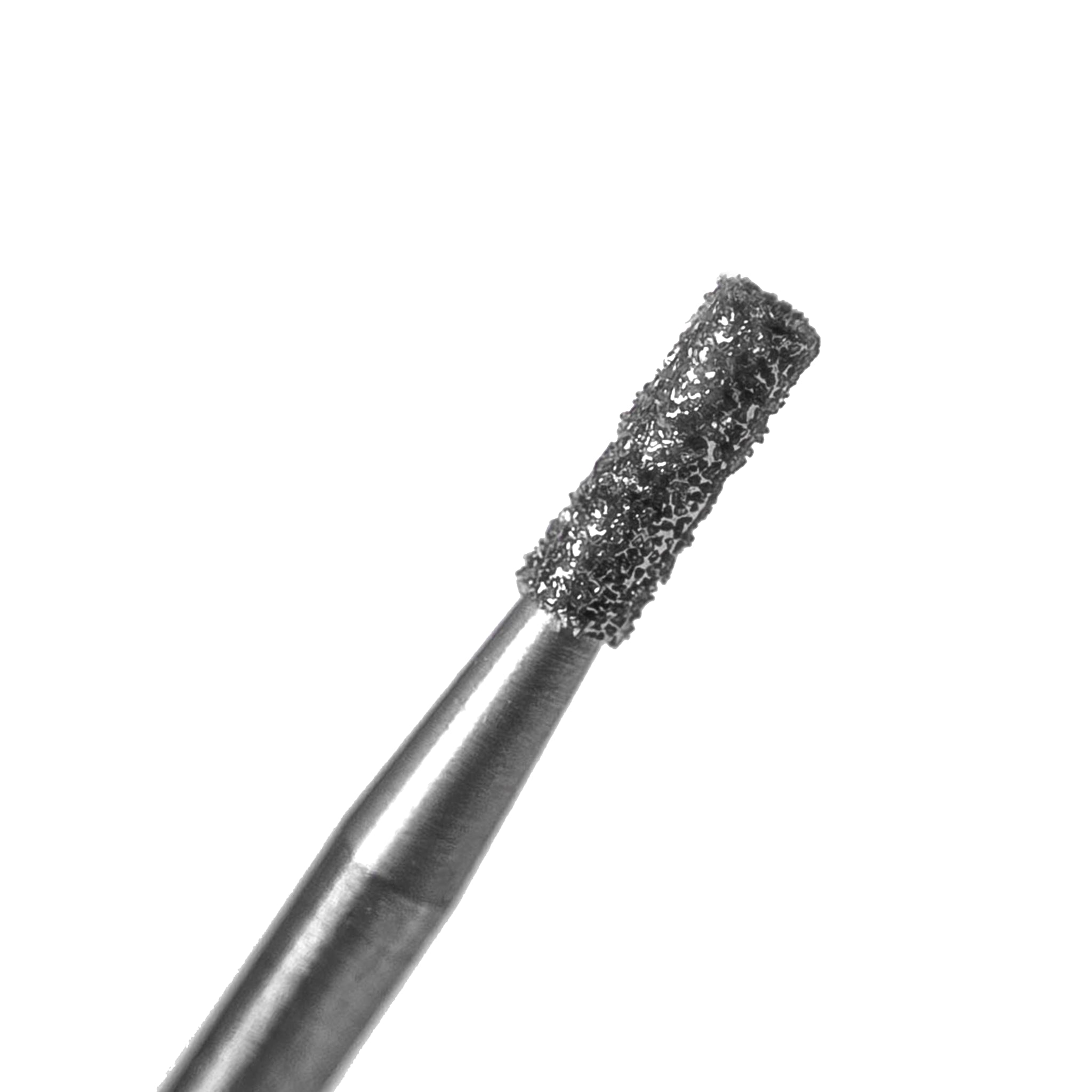 A close-up diamond-coated 835014 Flat End Cylinder Cavity Prep Bur with a medium grit, used for precision dental cavity preparation.