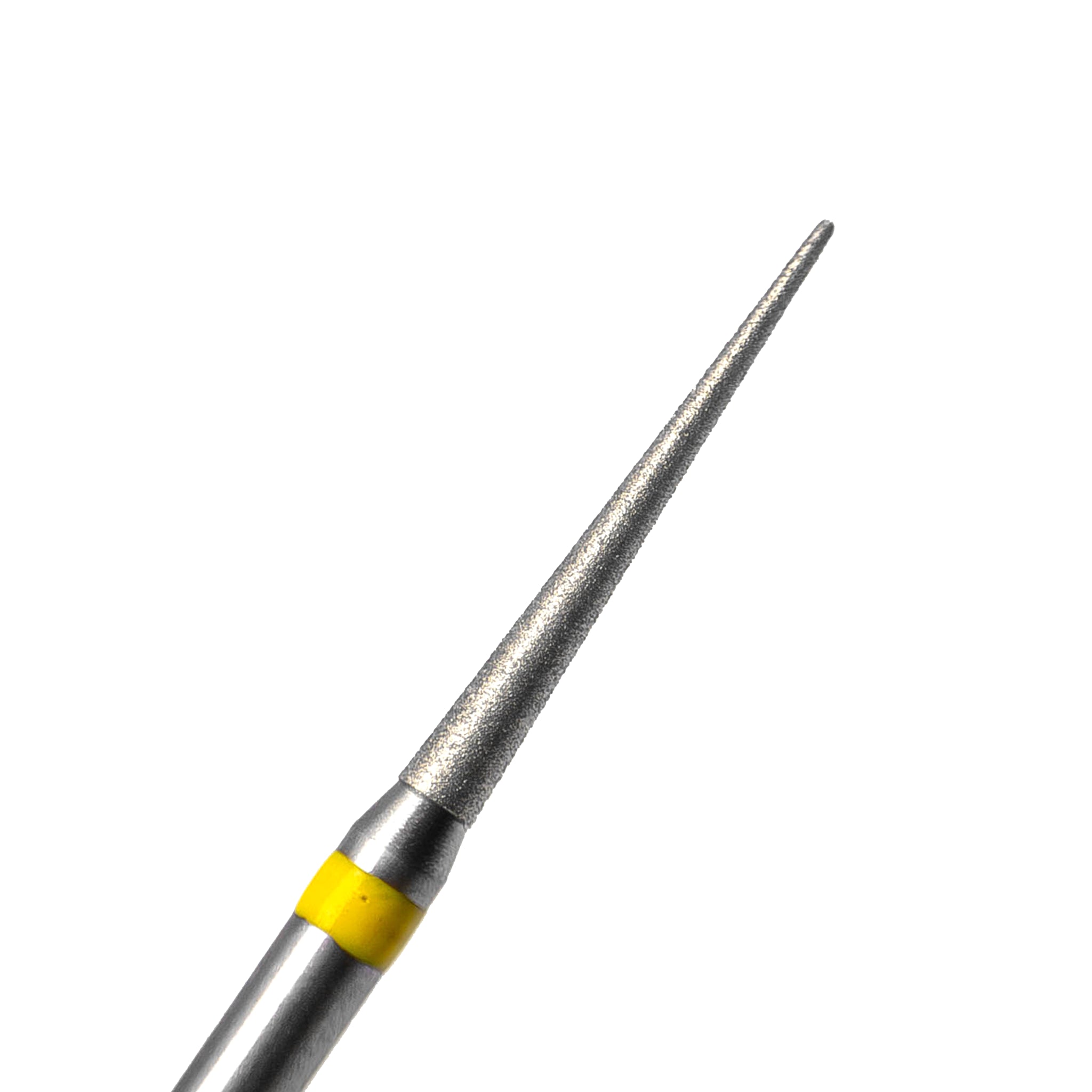 A close up of a diamond-coated finishing bur with a pointed, needle-like head for precise finishing in hard-to-reach areas. Yellow-banded for identification.
