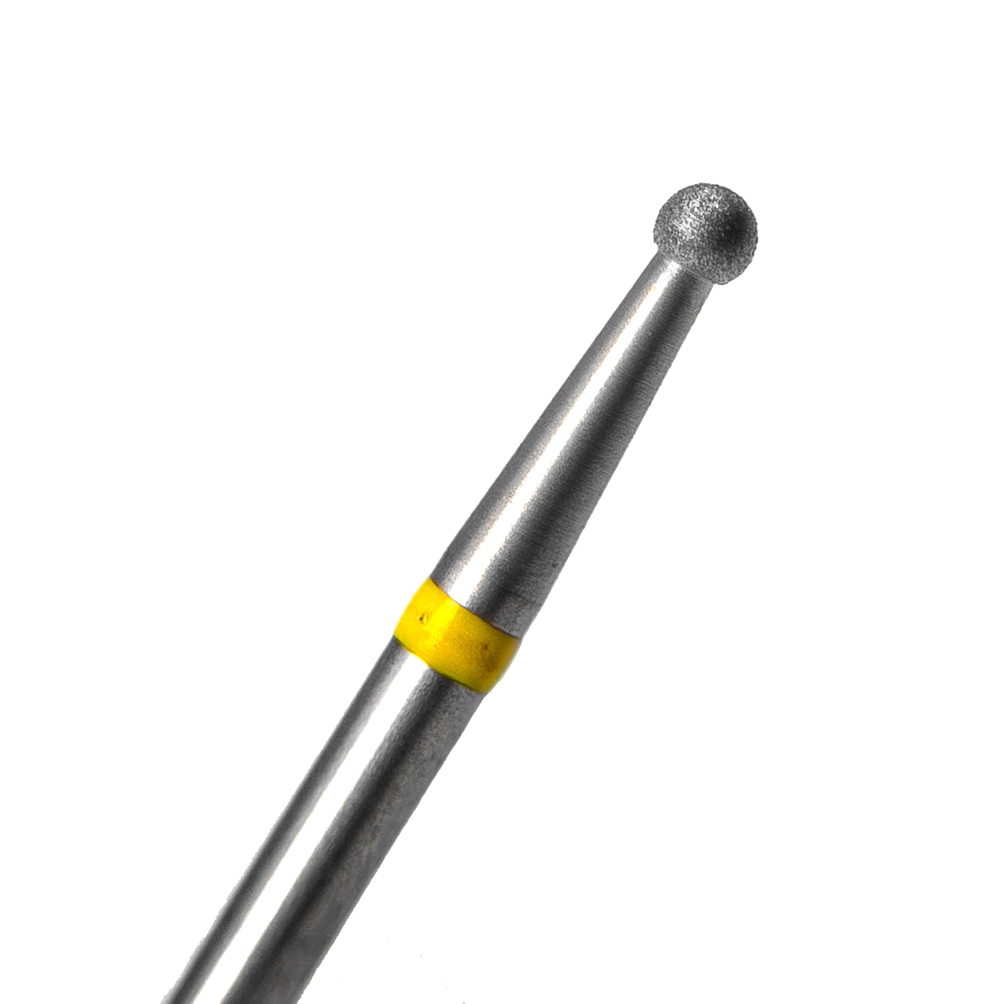 A close-up of a fine diamond-coated bur with a spherical head for finishing small and rounded areas in composite restorations. Marked with a yellow band.