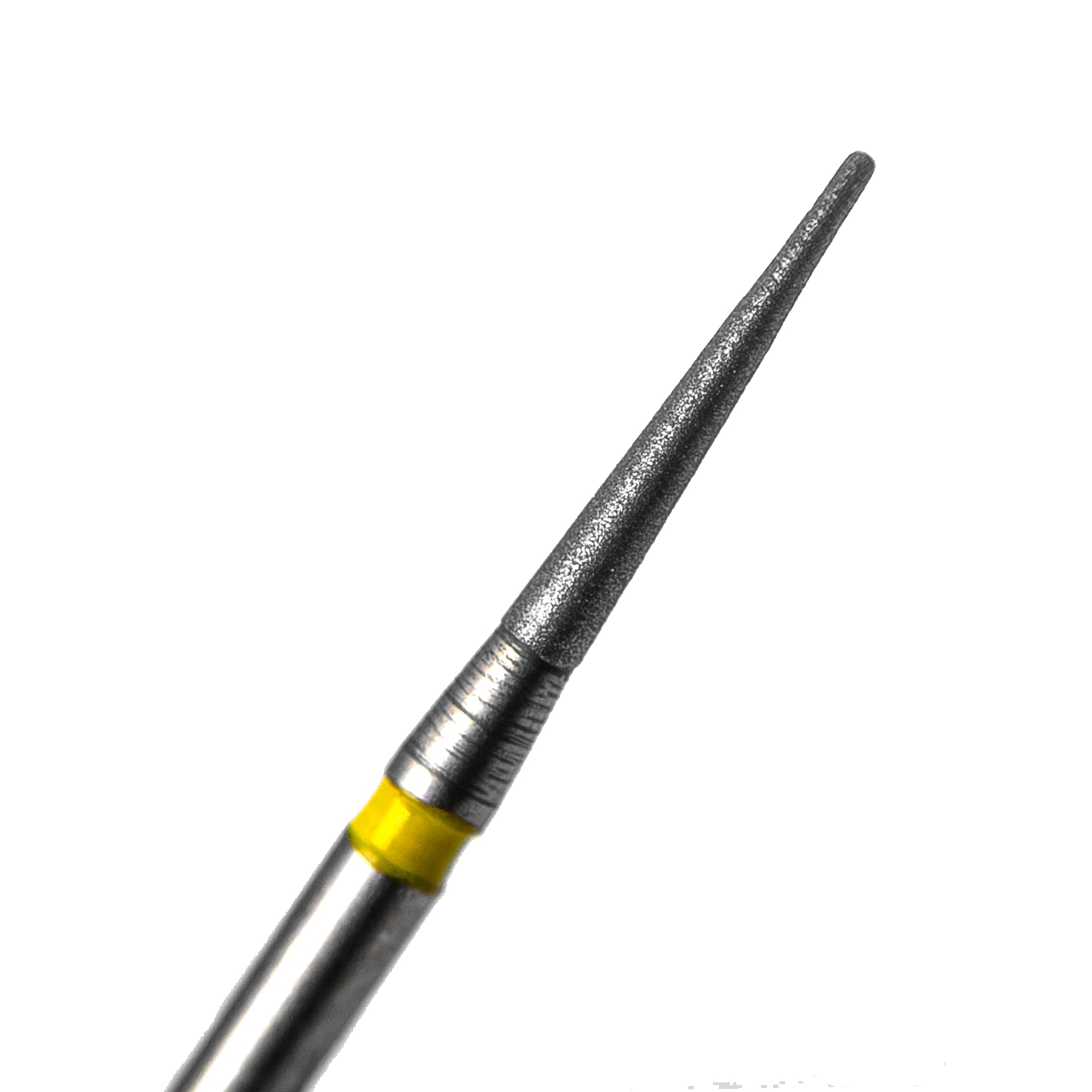 A close-up of a very fine diamond-coated composite bur featuring a cone-shaped head for accurate finishing along surfaces. The bur has a yellow identification band.
