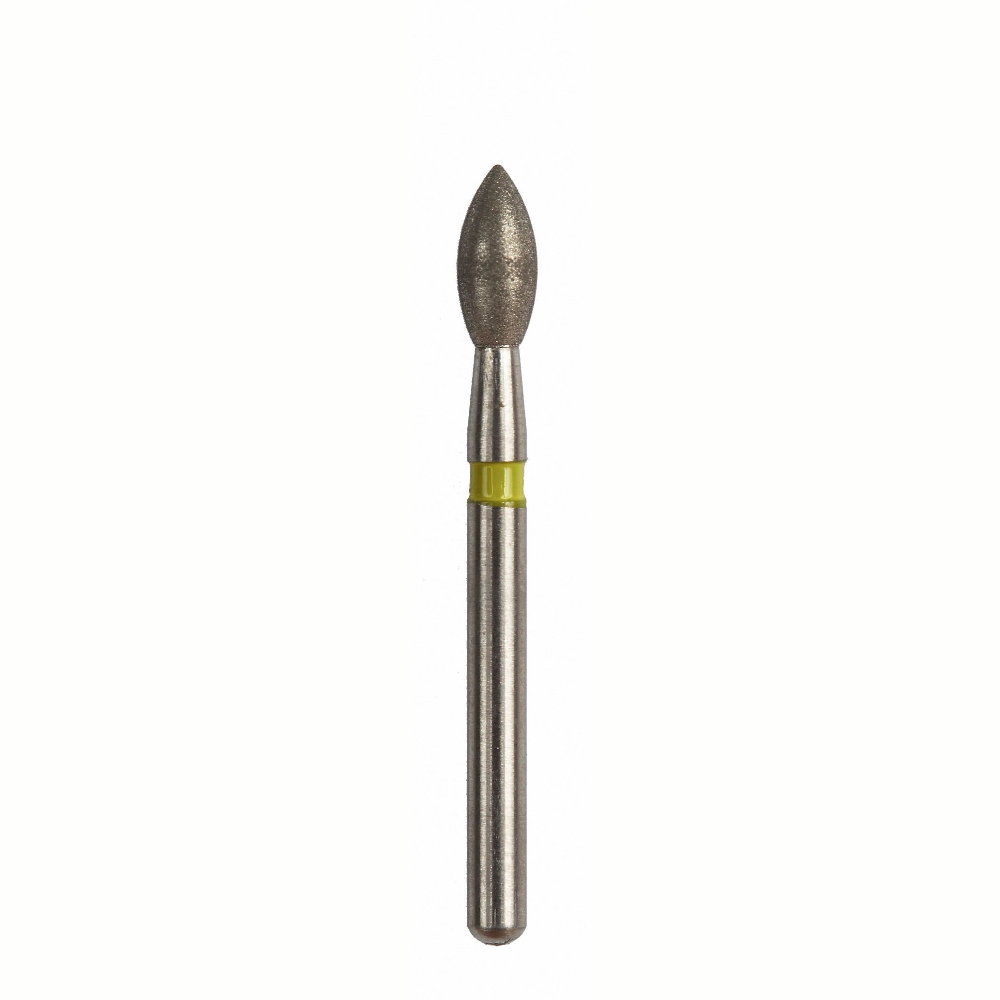A very fine diamond-coated composite finishing bur with an egg-shaped head, designed for precise contouring and finishing of composite materials. Features a yellow band for identification.