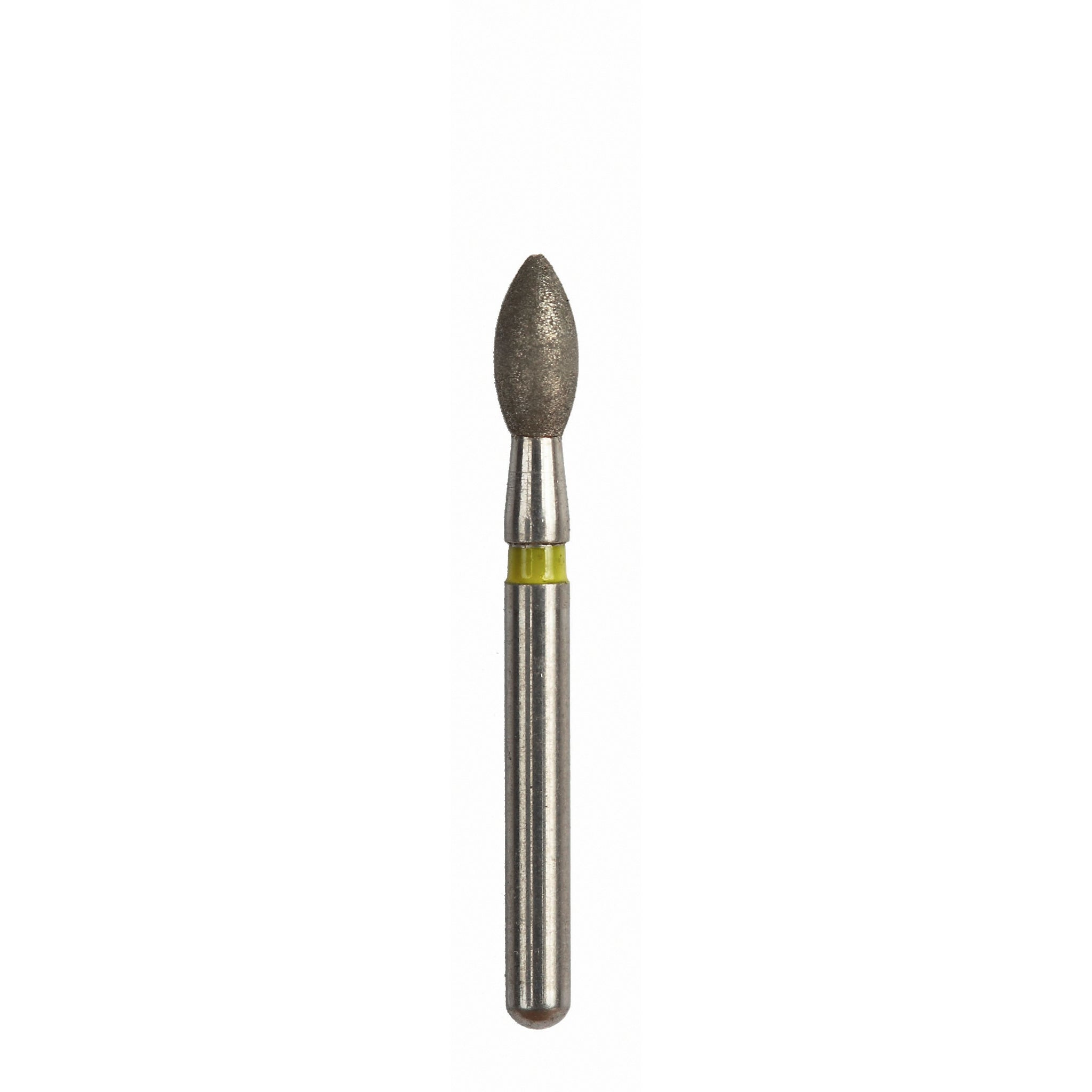 A diamond-coated composite finishing bur with a bullet-shaped head, optimized for detailed finishing and shaping. Includes a yellow band for easy identification.