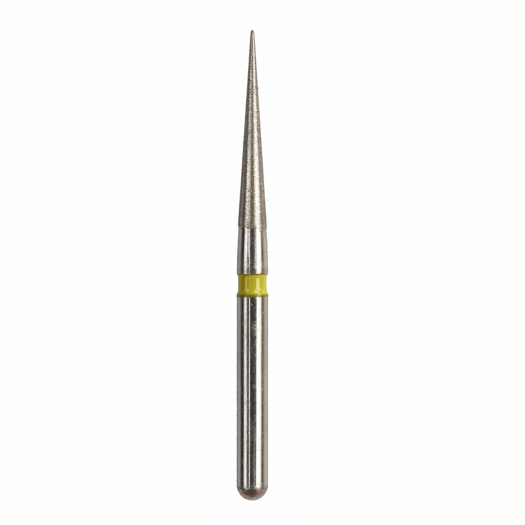 A diamond-coated finishing bur with a pointed, needle-like head for precise finishing in hard-to-reach areas. Yellow-banded for identification.