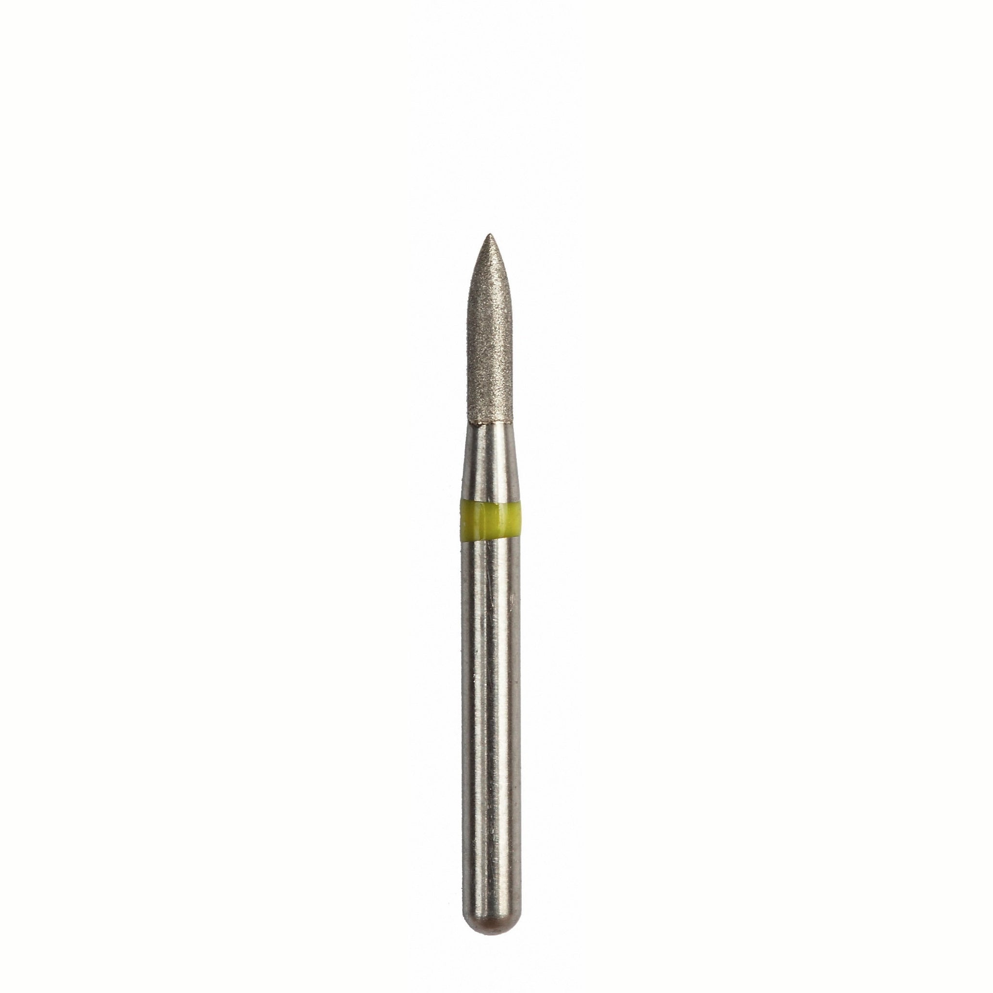 A very fine diamond-coated composite bur featuring a cone-shaped head for accurate finishing along surfaces. The bur has a yellow identification band.