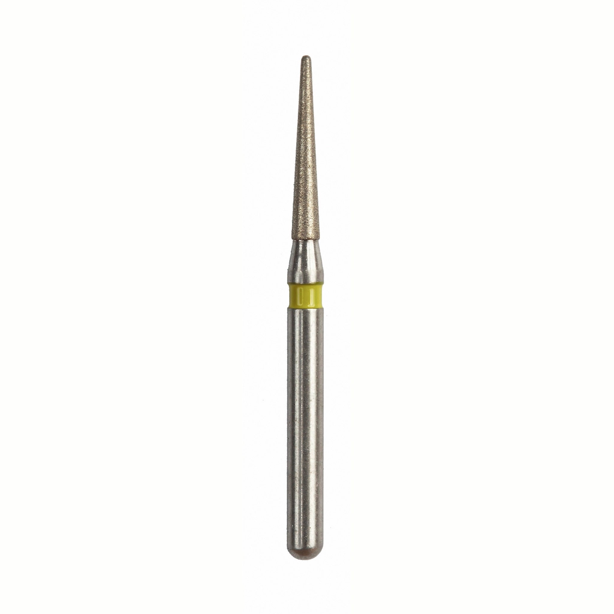 A very fine diamond-coated composite bur featuring a cone-shaped head for accurate finishing along surfaces. The bur has a yellow identification band.