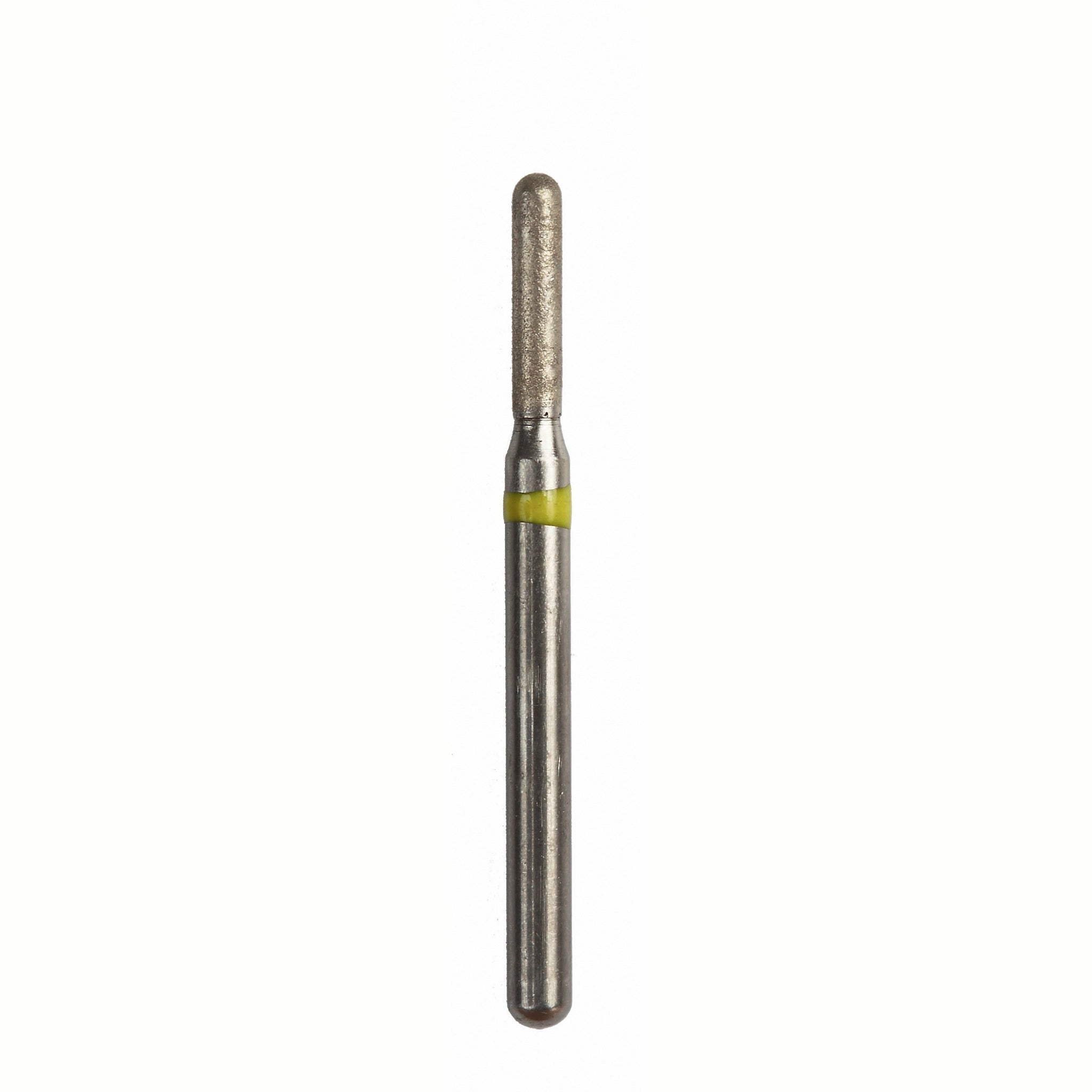 A fine diamond-coated composite finishing bur with a cylindrical head for planar finishing of composite materials. Identified with a yellow band.