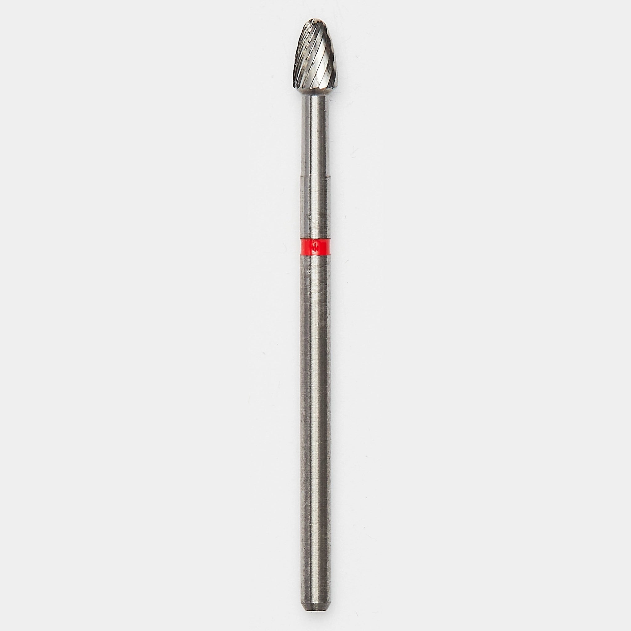 Larger egg-shaped bur with a red ring, optimized for advanced peri-implantitis procedures requiring extensive smoothing of titanium implant surfaces with high precision and durability.