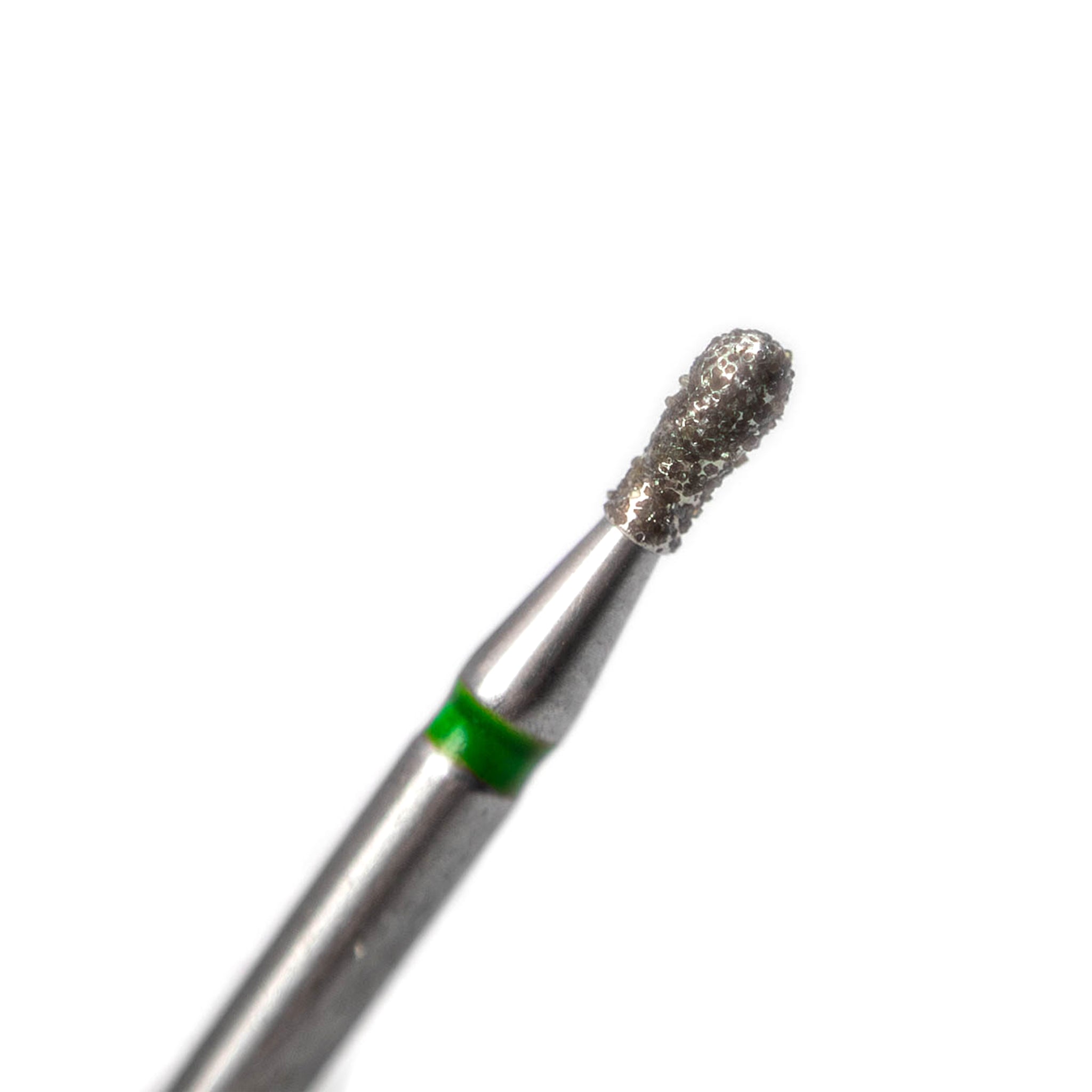 A close-up of a pear-shaped diamond-coated cavity prep bur with coarse grit finish, designed for efficient cavity preparation and restorative dental procedures, product code 3830 014, pack of 6.