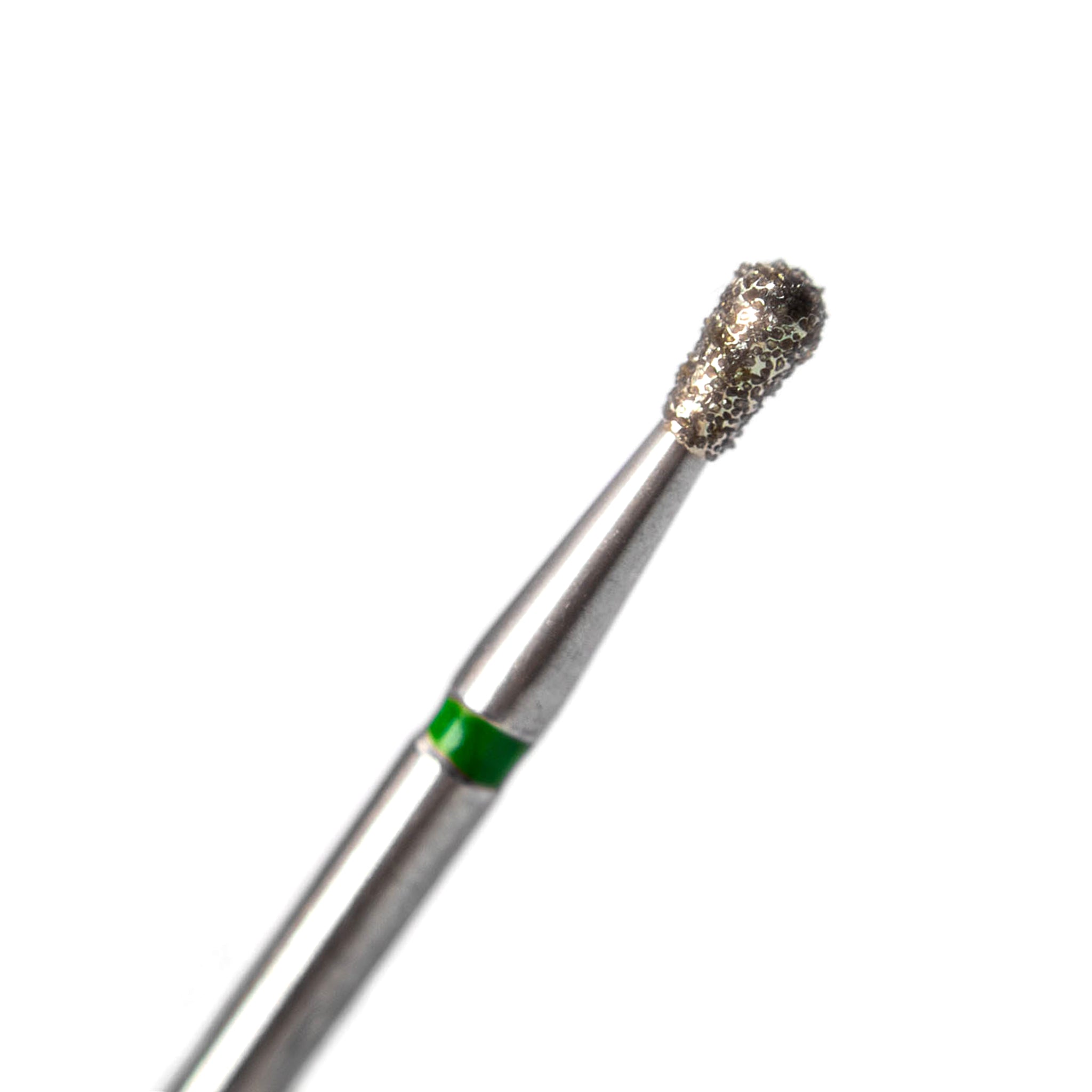A close-up of a pear-shaped diamond-coated cavity prep bur with a coarse grit finish, designed for precision cavity preparation and restorative dental procedures, product code 3830 016, pack of 6.