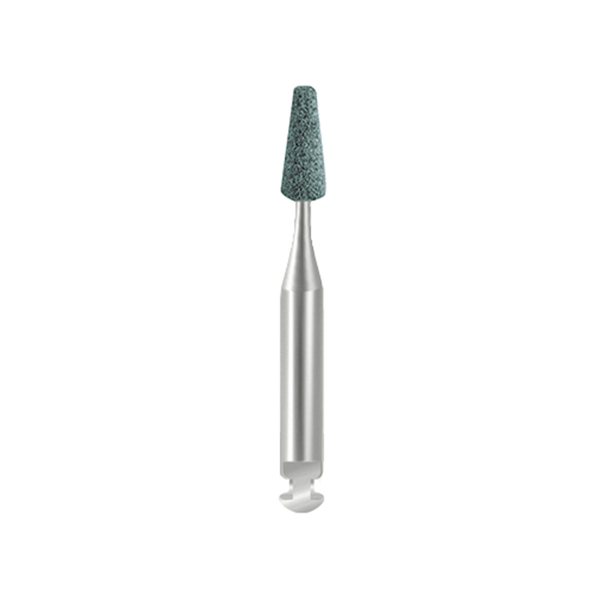 A dark green, cylindrical cone-shaped polisher, ideal for smoothing and finishing dental surfaces.