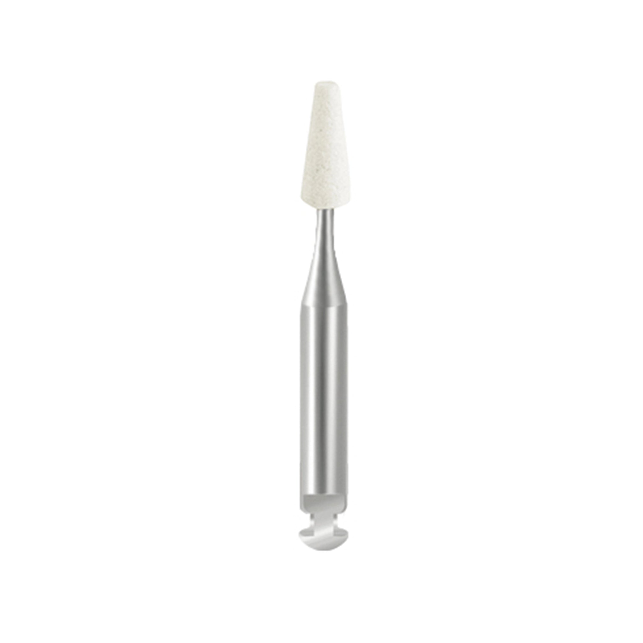 A white, cylindrical cone-shaped polisher, suitable for achieving a smooth, polished finish in dental treatments.