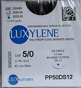 Luxylene PP 45cm   EP 1   USP 5/0   Needle 3/8 Cir Rev Cutting  Surgical Suture  Pack 12  (Code: PP50DS12)