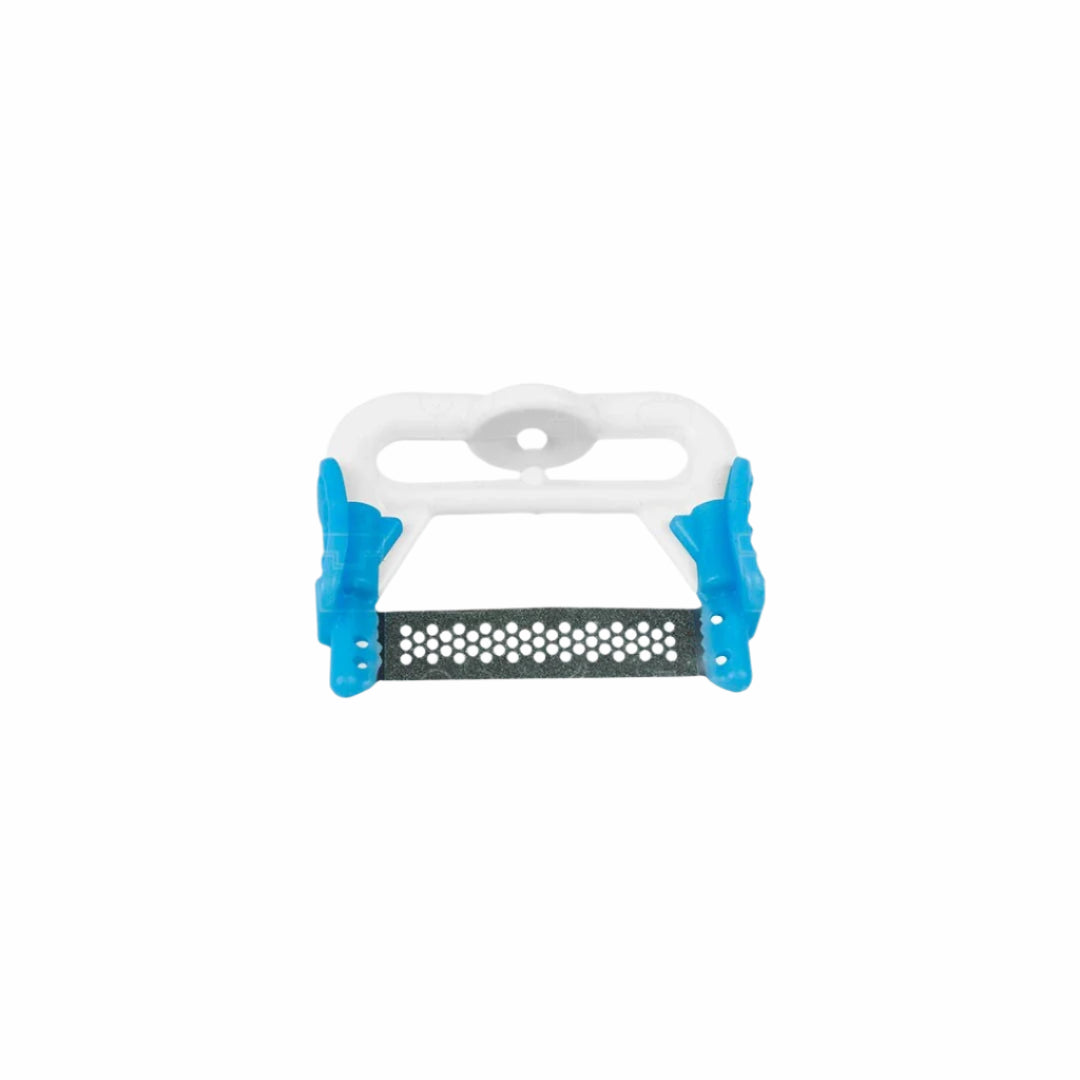 Blue-handled polishing strip system with a perforated metal strip, ideal for stripping and cement removal in dental treatments.