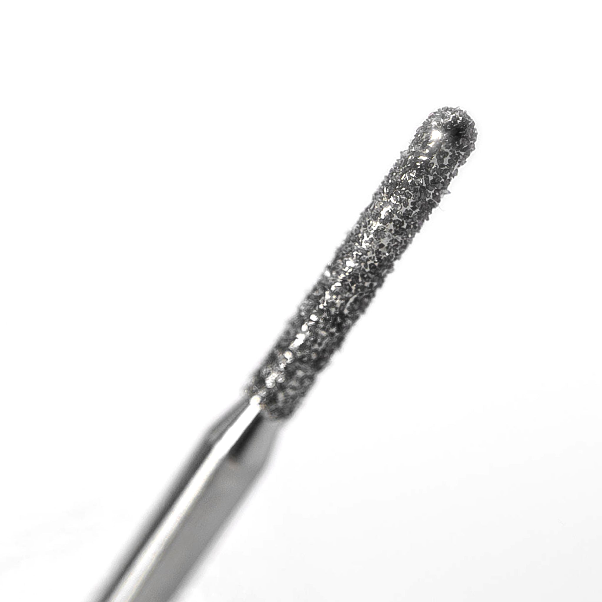 A close-up of a crown prep bur with a round end cylinder shape, medium diamond grit, designed for crown preparations requiring cylindrical precision and efficiency.