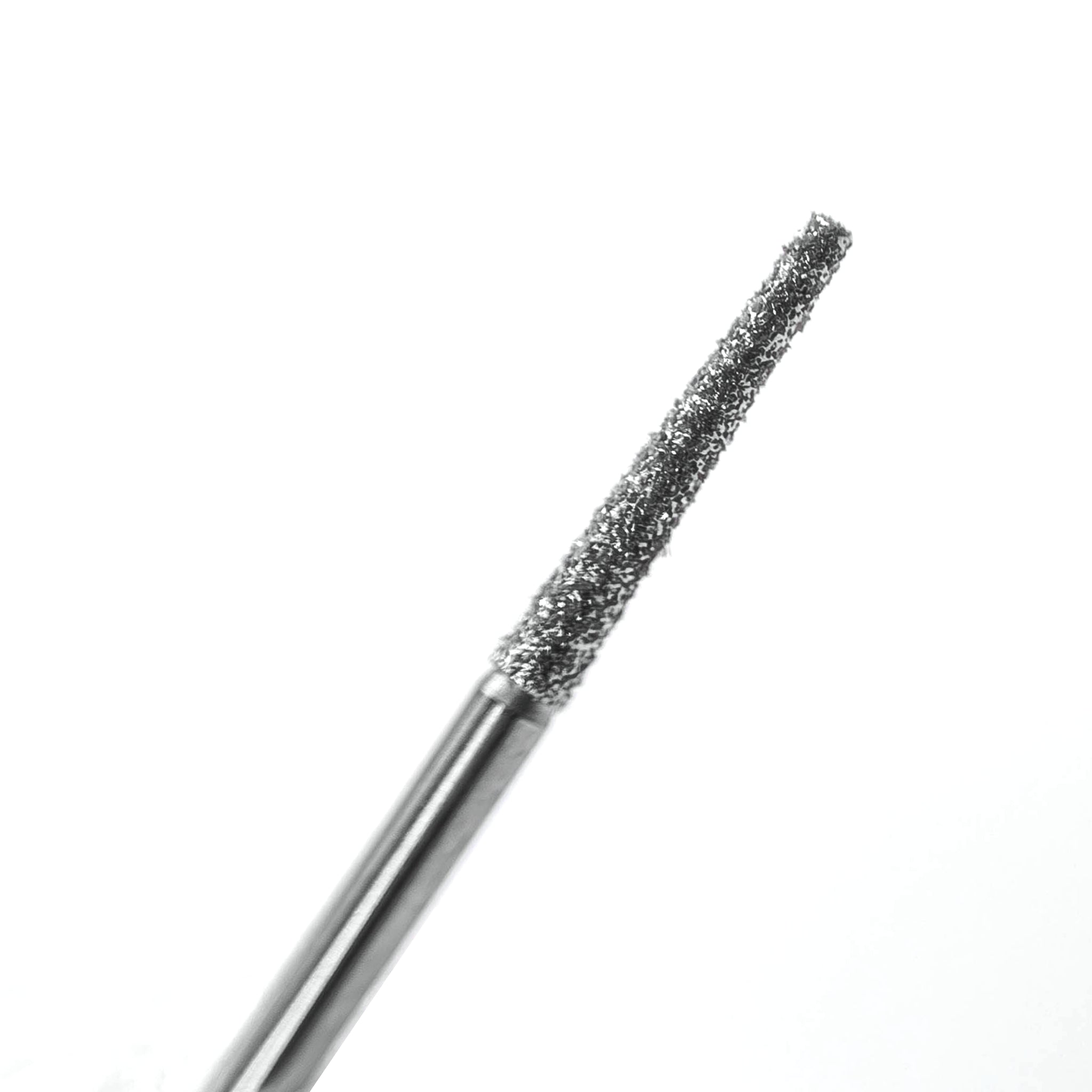 A close-up of a flat-end tapered diamond-coated bur, commonly used for crown preparation with medium grit for effective shaping and reduction.