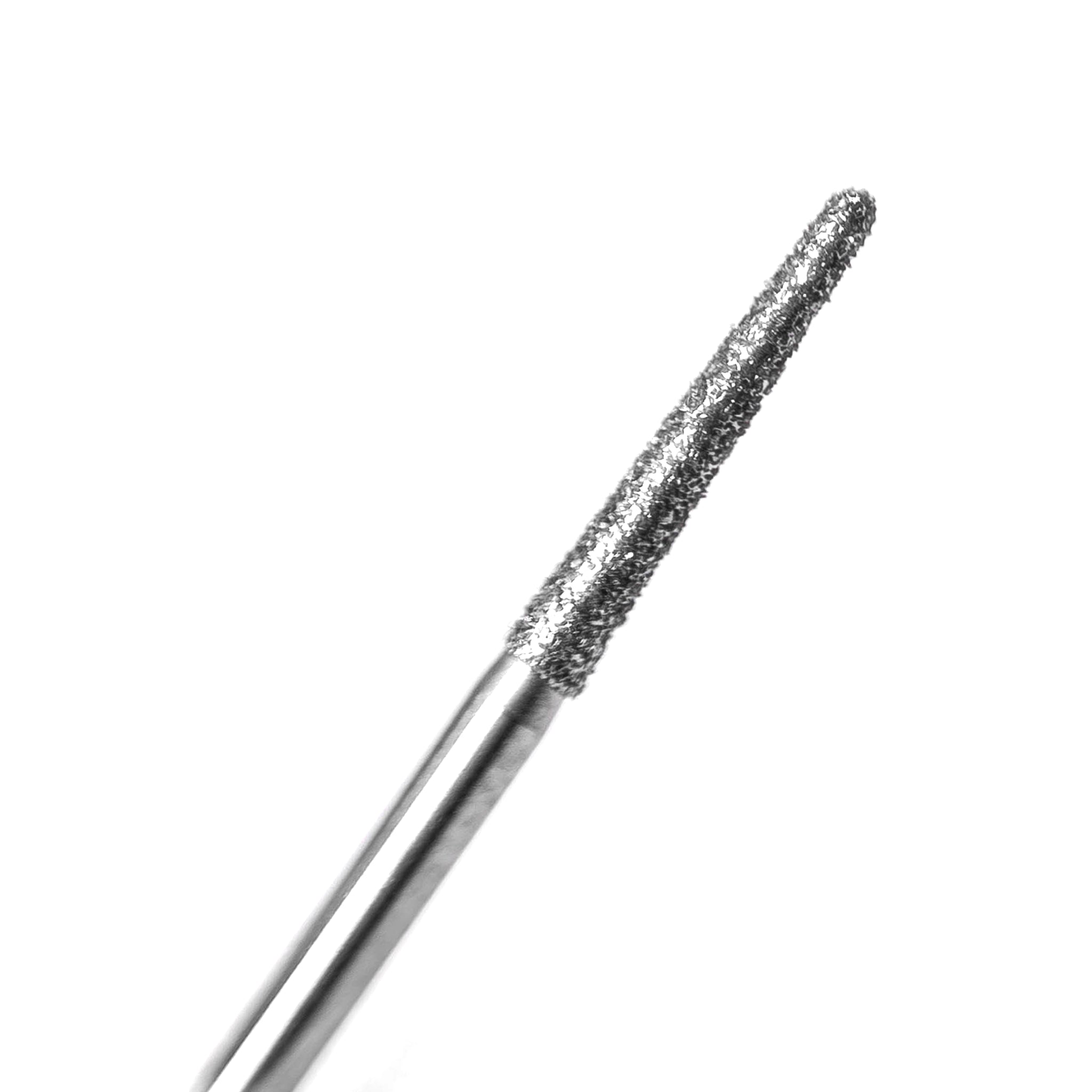 Close-up of a crown prep bur with a round-end taper shape, medium diamond grit, used for detailed shaping and finishing of crown preparations.