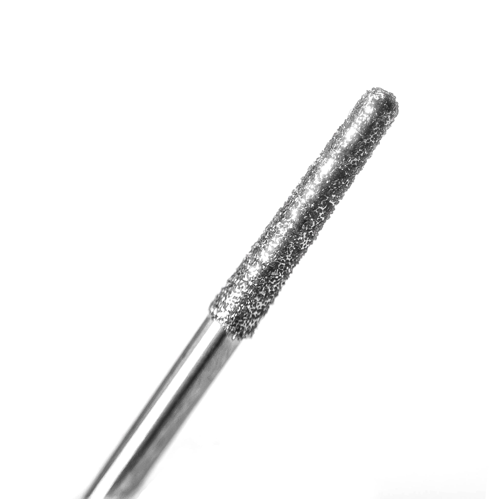 A close-up of a round-end tapered diamond-coated bur for crown preparation, offering excellent adaptability and smooth contouring.