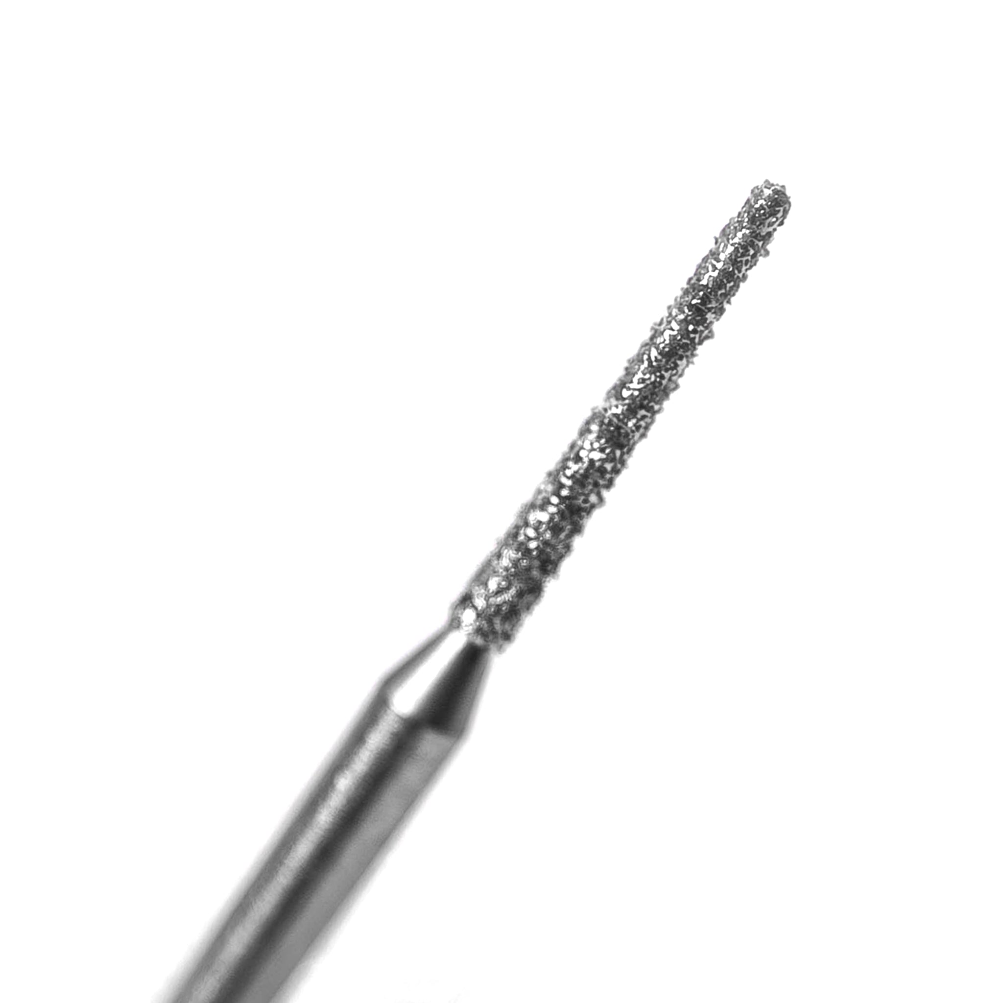 A close-up of a round-end tapered diamond-coated bur for crown preparation, offering excellent adaptability and smooth contouring.