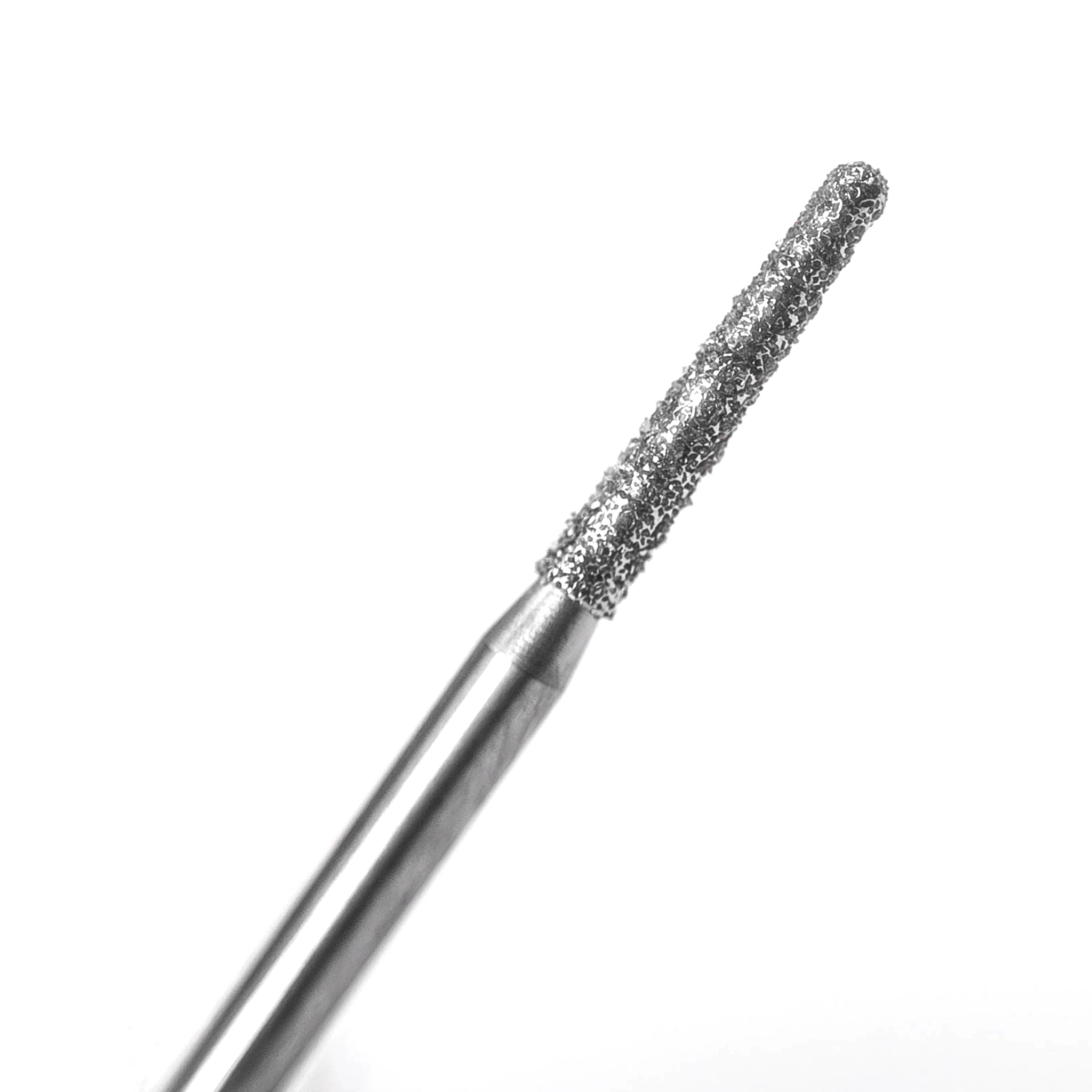 A close-up of a round-end tapered diamond-coated bur for crown preparation, offering excellent adaptability and smooth contouring.