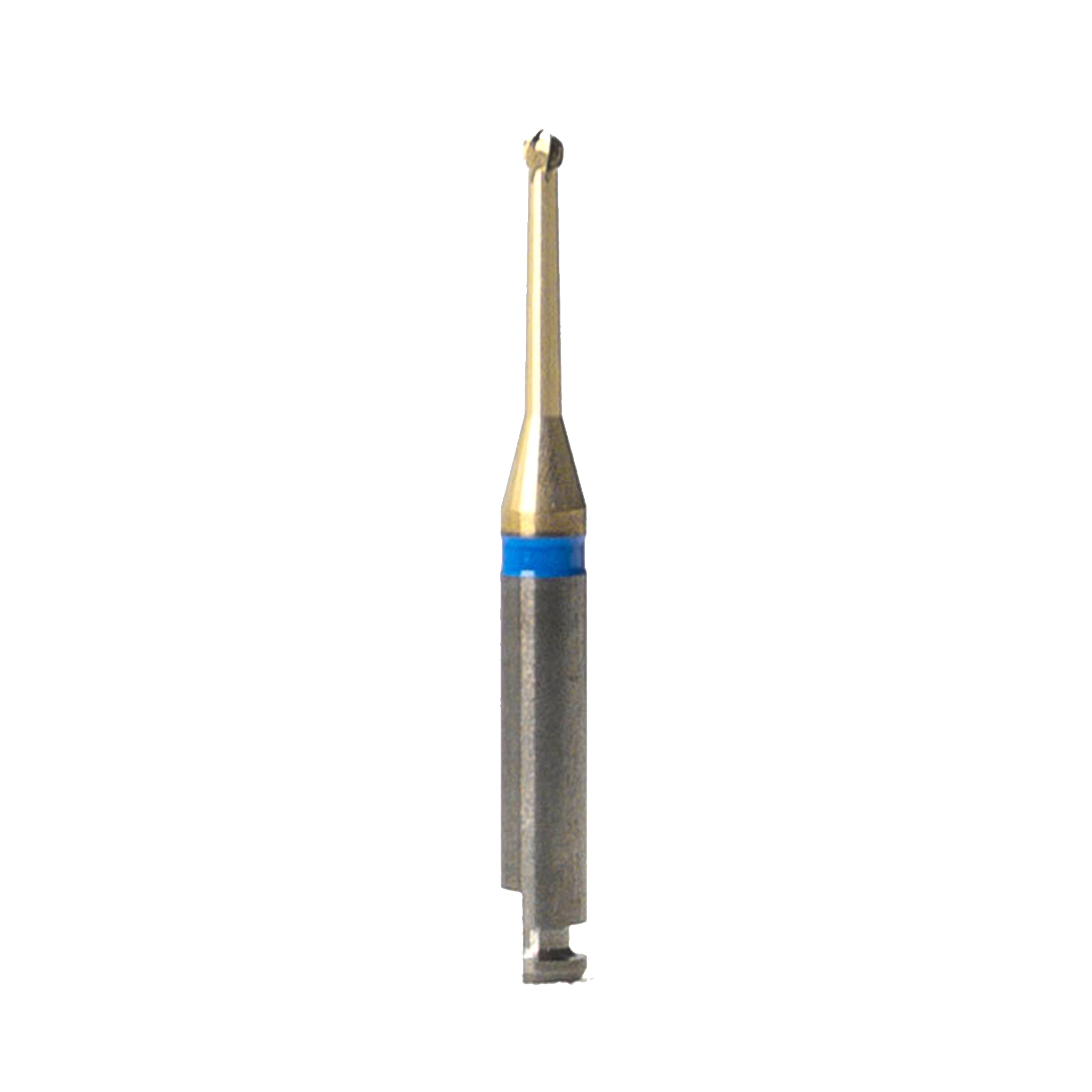 A Blue Cut Carbide Round Bur with Zircon Nitrite Layer, size 012, featuring a durable gold coating and spiral angles. Designed for dental procedures, this precision tool has wide flute spaces for high penetration capacity and minimizes wear while being gentle to enamel and pulp. Packaged in a set of 5.