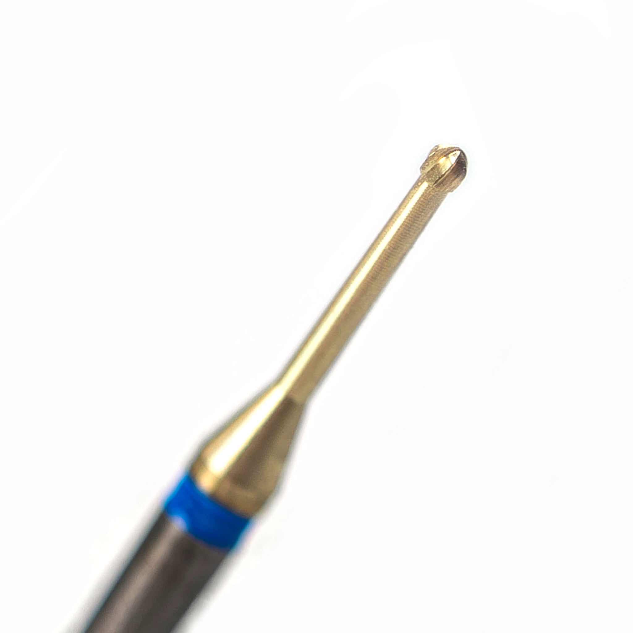 Close-up image of a Blue Cut Carbide Round Bur with Zircon Nitrite Layer, size 012, featuring a durable gold coating and spiral angles. Designed for dental procedures, this precision tool has wide flute spaces for high penetration capacity and minimizes wear while being gentle to enamel and pulp. Packaged in a set of 5.