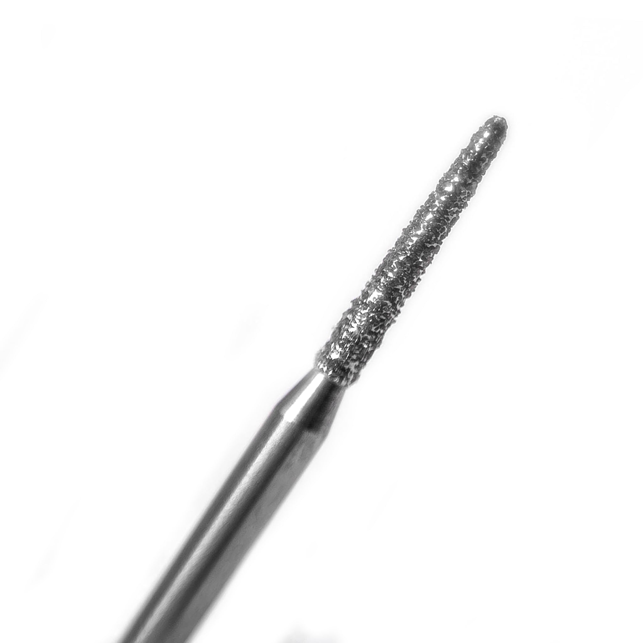 A close-up of a unique torpedo-shaped bur with a chamfered design and diamond coating, tailored for crown margin finishing and precise shaping.