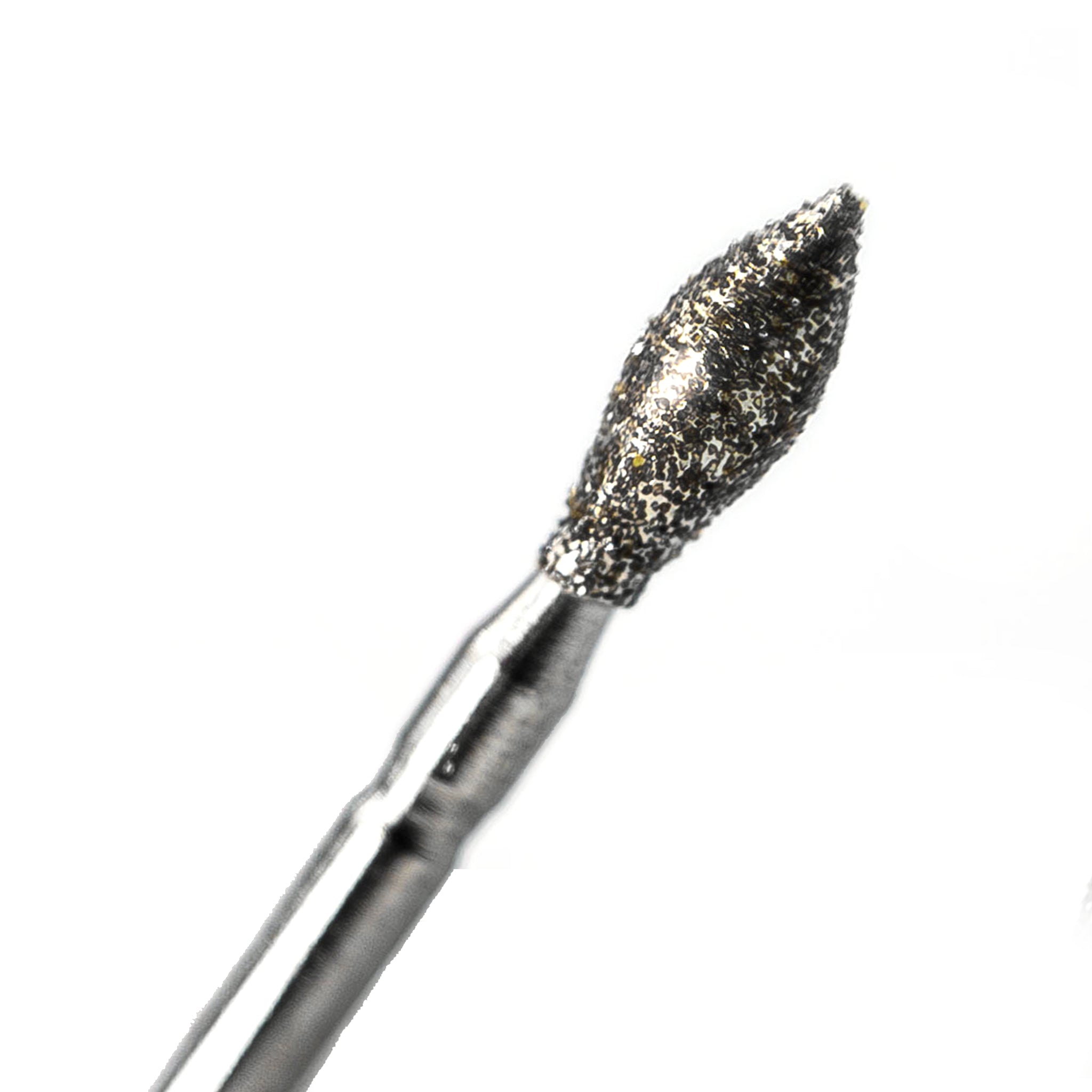A close-up of a diamond-coated dental bur with a football-shaped tip, used for precise crown preparation and contouring in dentistry.