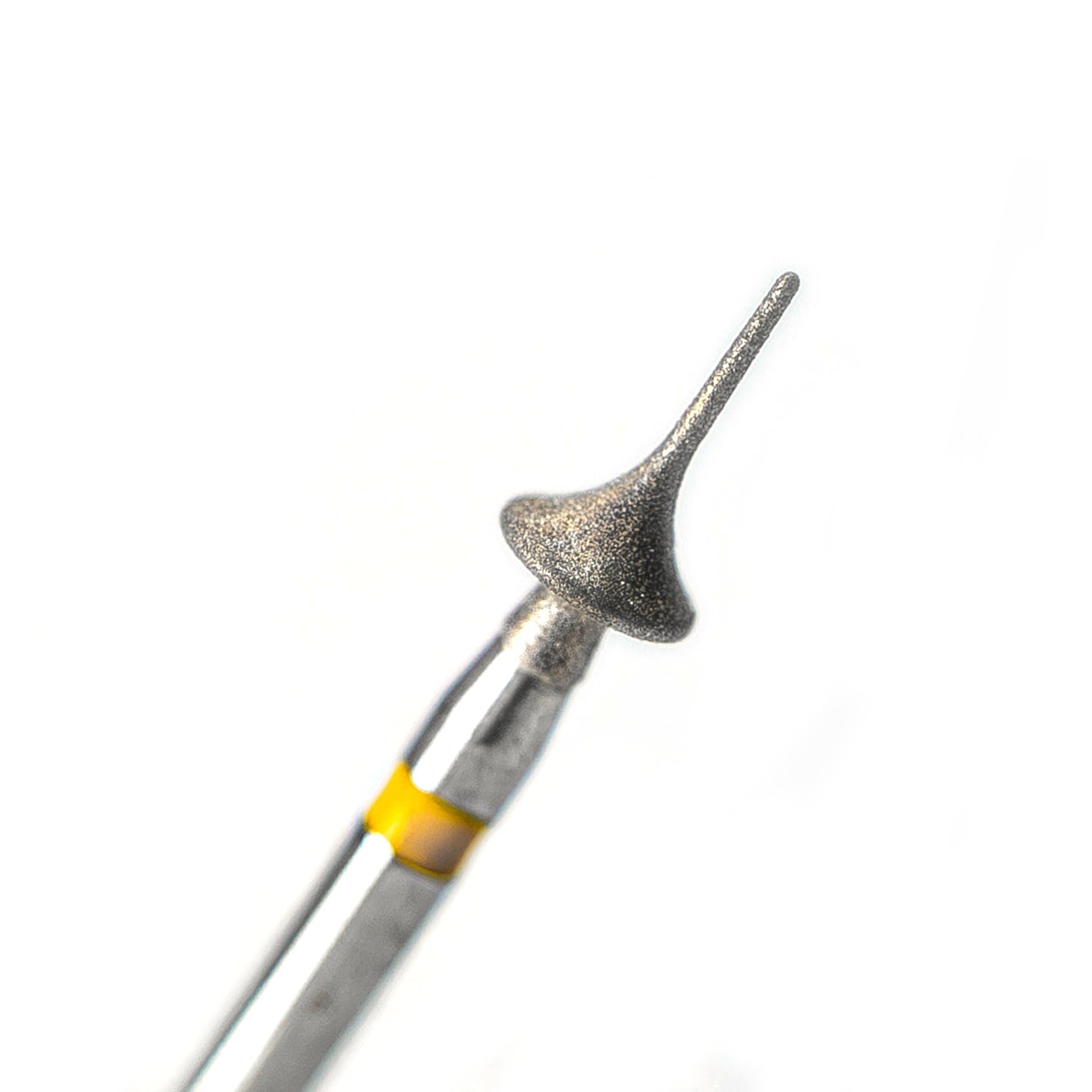 Close-up of an IPR Diamond Anterior Bur (J316SF) with a 0.3mm needle-shaped tip and concave base, featuring a super-fine diamond coating for precise interproximal reduction and enamel recontouring in orthodontic treatments.