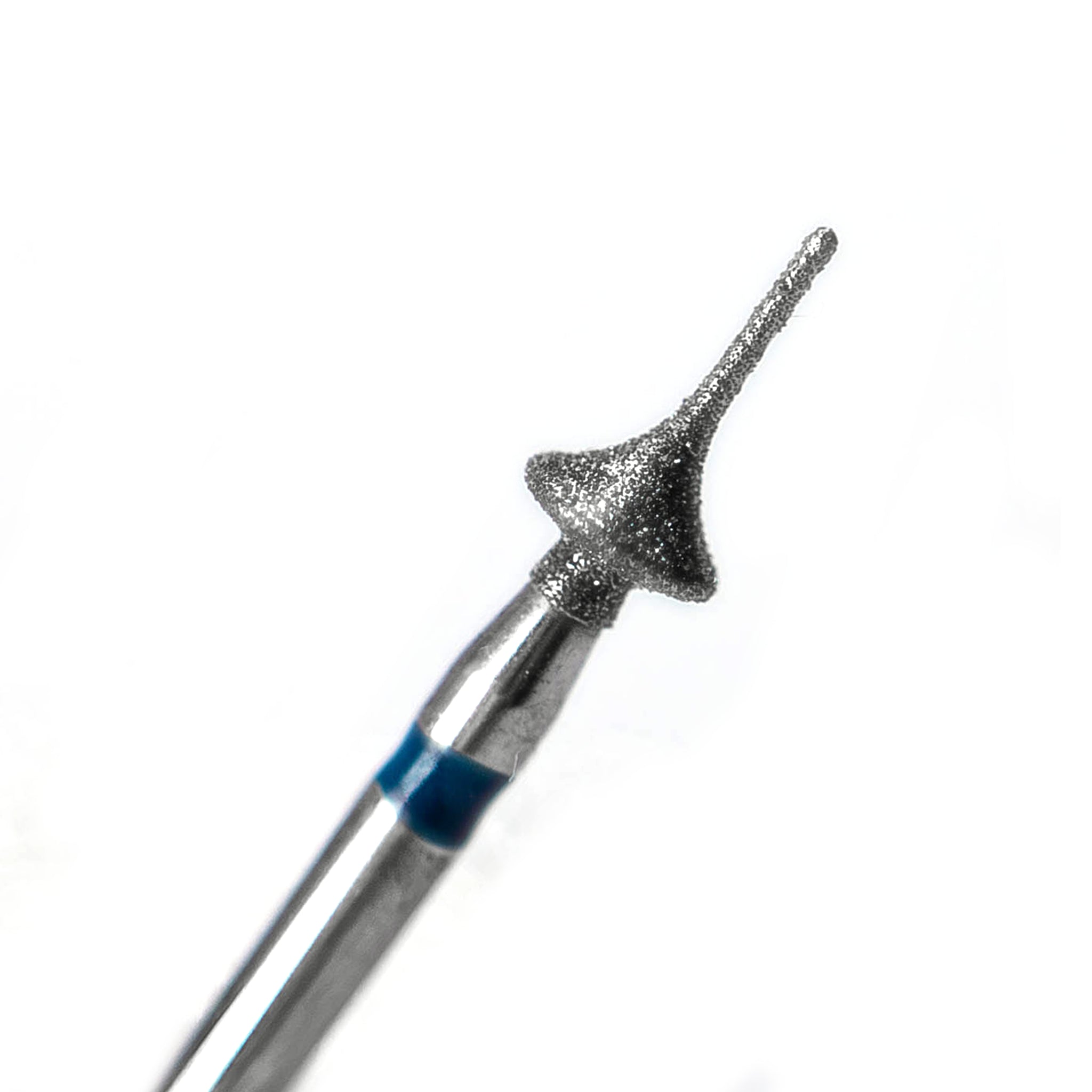 Close-up of an IPR Diamond Anterior Bur (J316PF) with a 0.4mm fine needle-shaped tip and concave base, featuring fine diamond coating for precise interproximal reduction and recontouring of anterior teeth in orthodontic treatments.