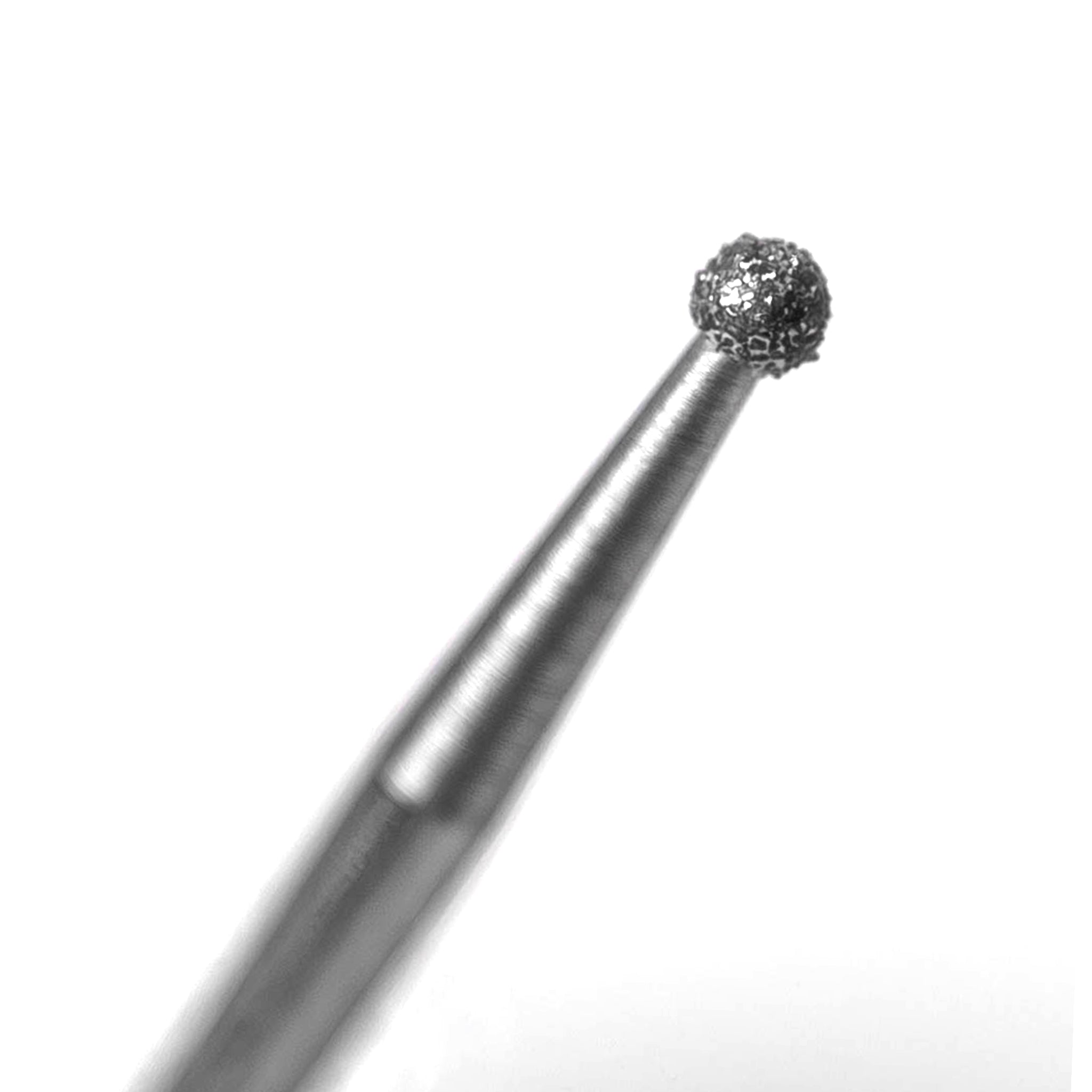 Close-up image of a Diamond-Coated Cavity Prep Bur with a Round shape, size 014, featuring medium grit for accurate cutting and shaping in dental procedures. Product Reference: 801014. Pack of 6.