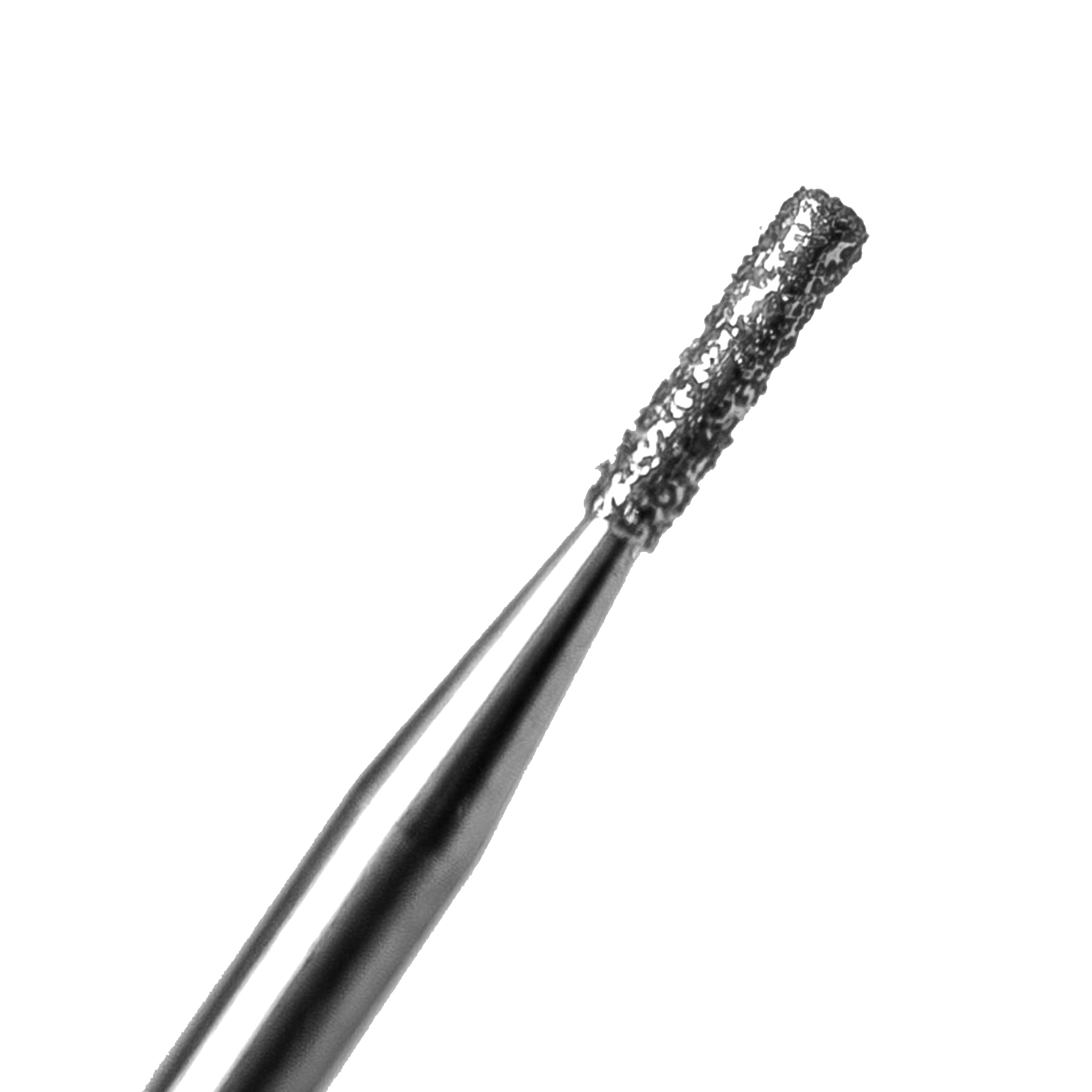 A close-up medium-grit, flat-end cylinder cavity prep bur with a diamond-coated surface, designed for precision in dental procedures. The bur has a metallic shaft with a textured cutting tip, ideal for cavity preparation, shaping, and finishing in restorative dentistry. The background is plain white, emphasizing the bur's detailed structure.