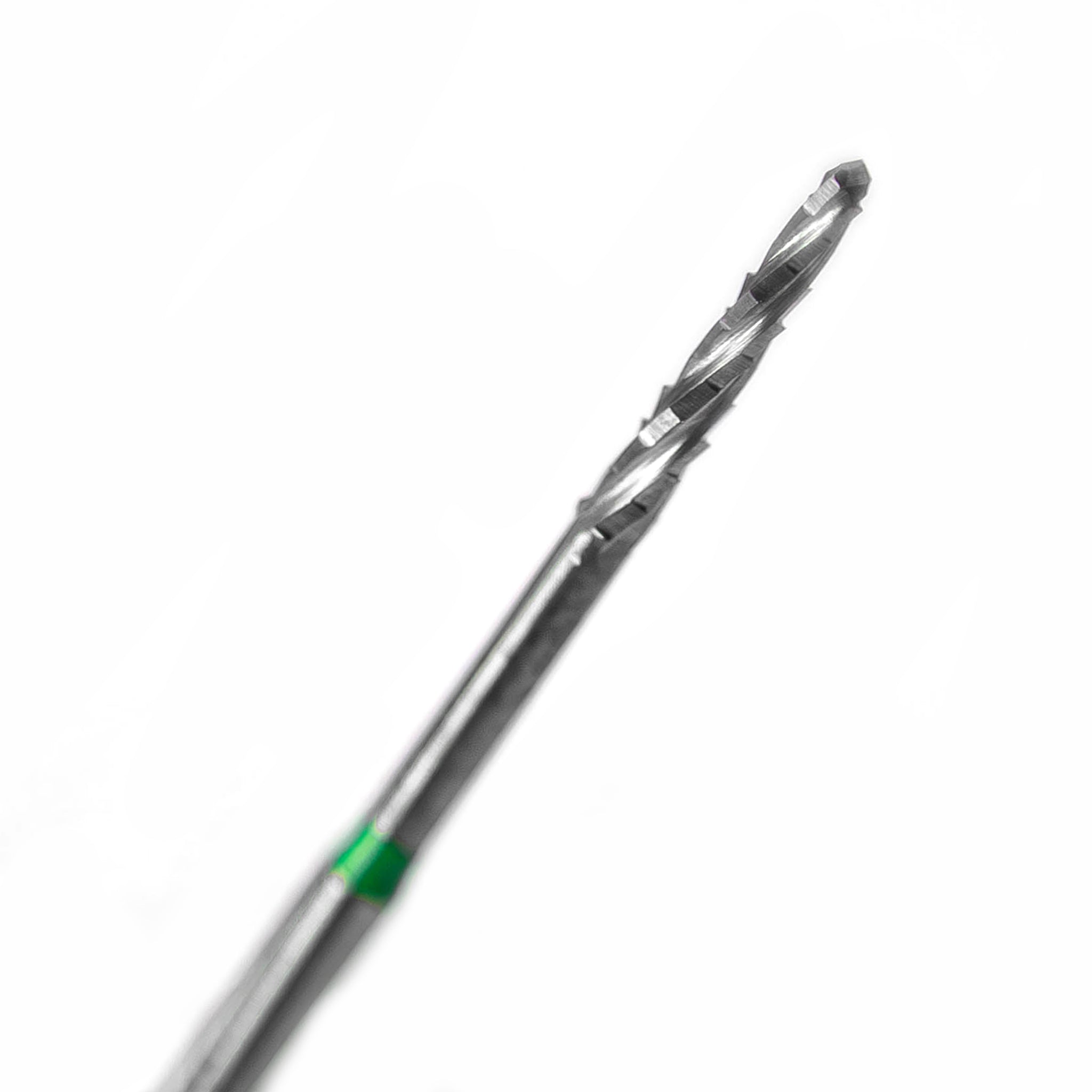 A close-up of a slim bone saw with a green marking band, featuring sharp, precise blades designed for fast cutting of bone tissue during surgical procedures.