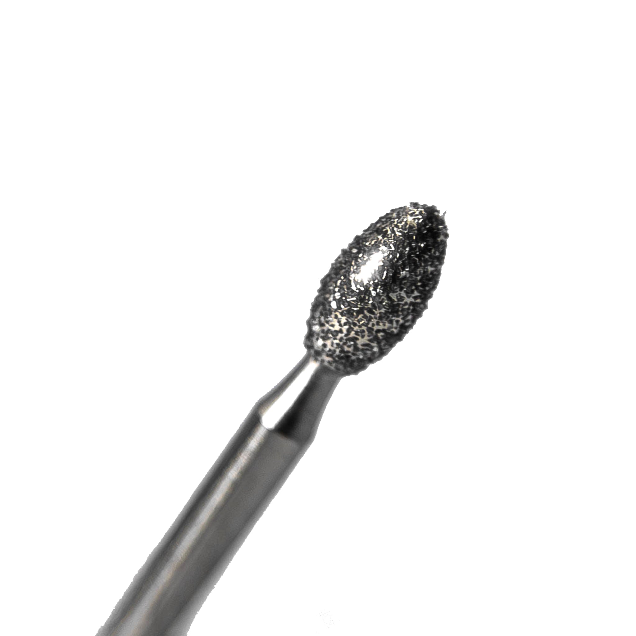Close-up of crown prep bur with a football shape, featuring medium diamond grit, designed for efficient removal of tooth structure and precise shaping of dental restorations.