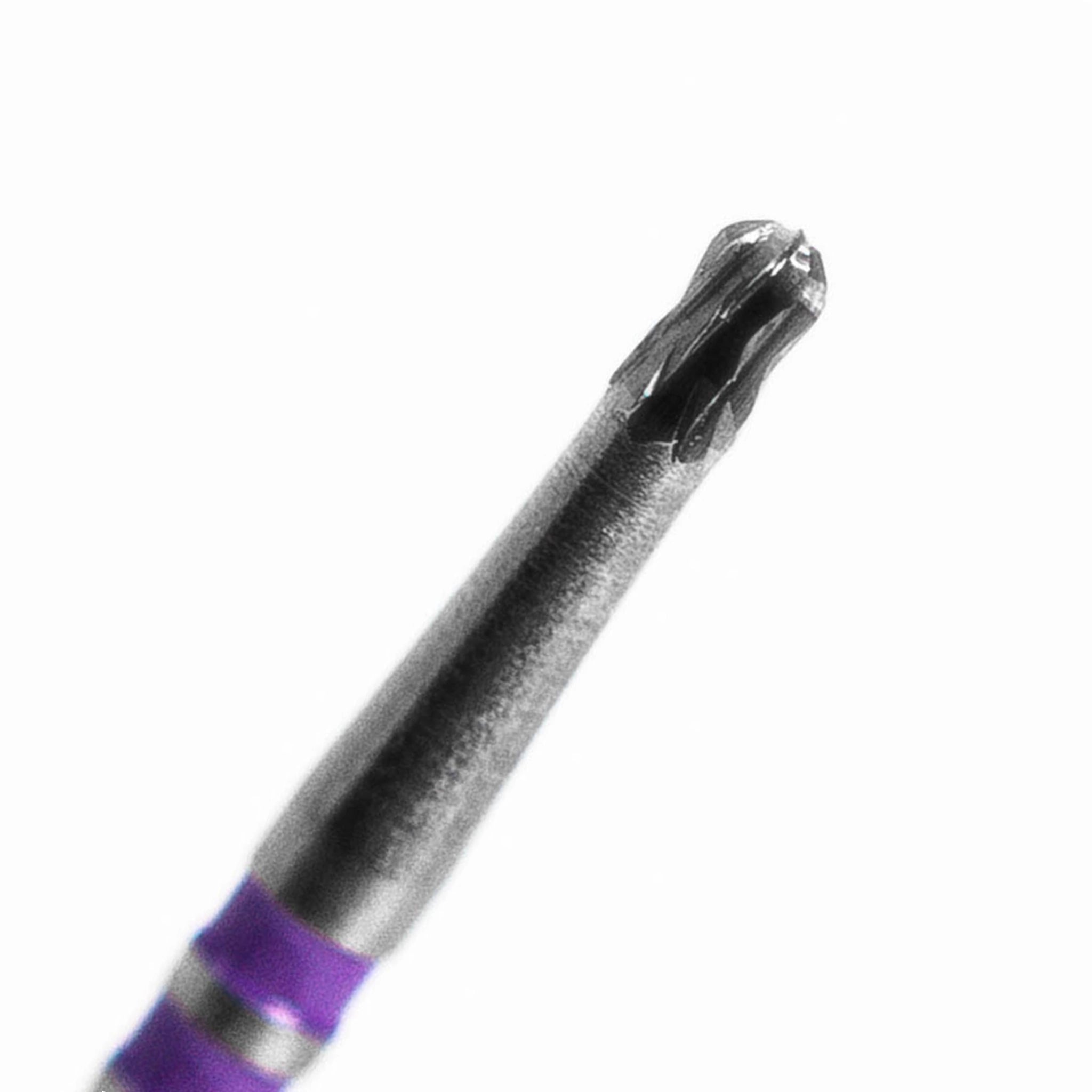 Close-up of an endodontic bur with a precision-engineered cutting tip, designed for initial access and efficient removal of ceramic and metal crowns. The bur features a sleek, metallic finish with a purple ring for easy identification, showcasing sharp and durable cutting edges for precision and control during dental procedures.