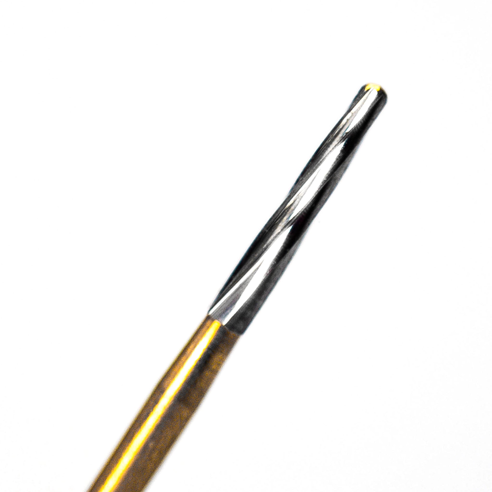 Close-up of High-quality Endodontic Bur with a non-end cutting tip, featuring a tungsten carbide construction and a durable gold shank. Ideal for use within the pulp chamber to prevent perforation of the pulp chamber floor.