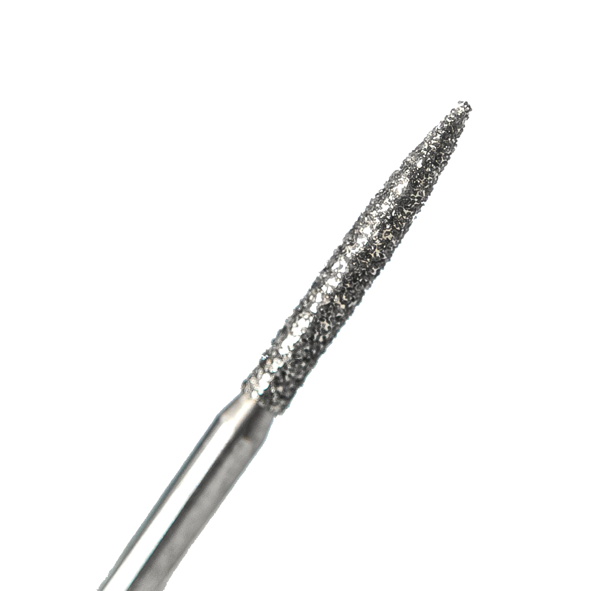 Close-up of crown prep bur with a flame shape and medium diamond grit, designed for precise sculpting and detailed finishing of crown preparations.