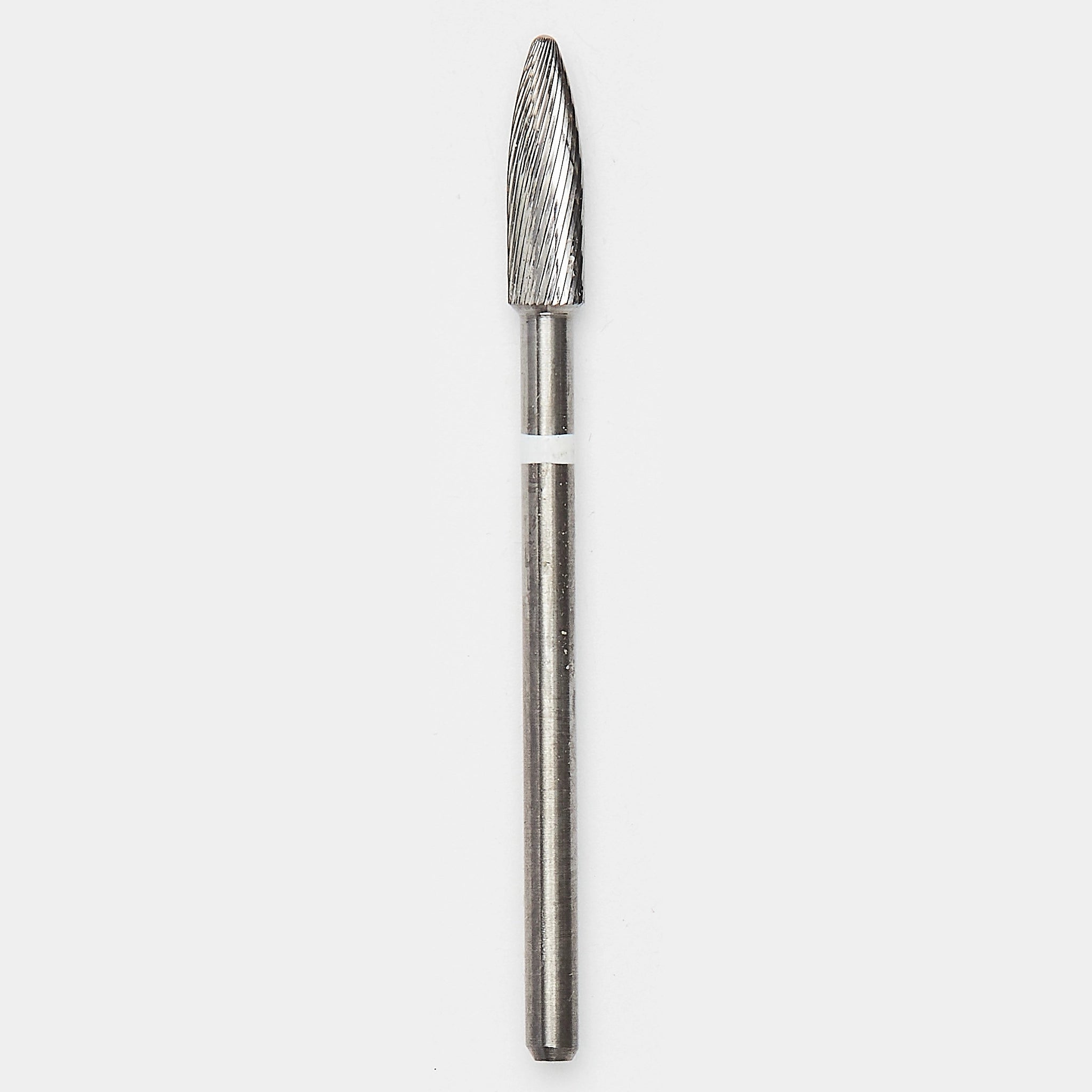 A flame-shaped carbide bur with a slightly larger head and fine spiral ridges, designed for controlled implant surface smoothing in surgical peri-implantitis procedures. Marked with a white ring for identification.