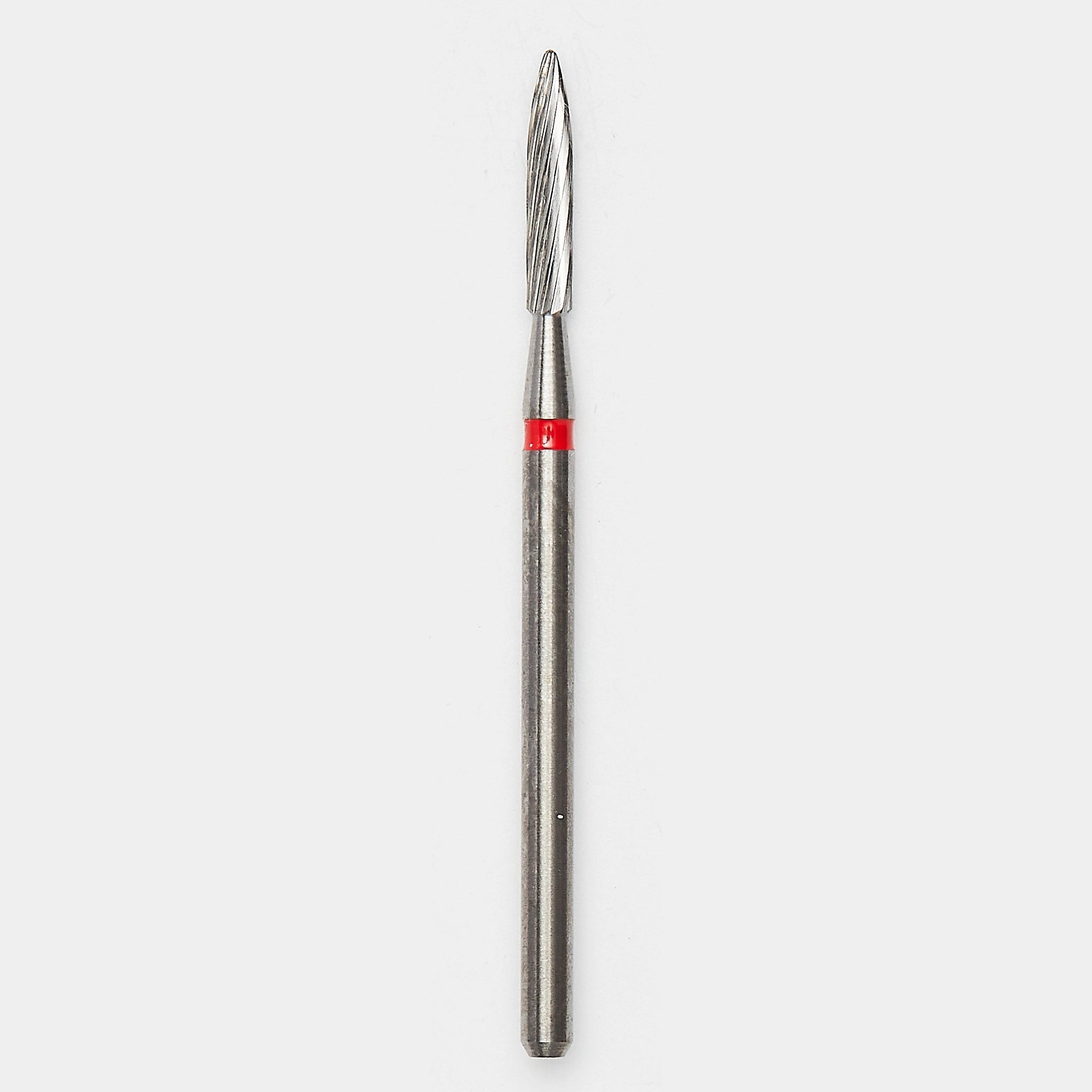 A flame-shaped carbide bur with red color coding, featuring fine, sharp ridges for detailed implant surface preparation and polishing in peri-implantitis surgeries.