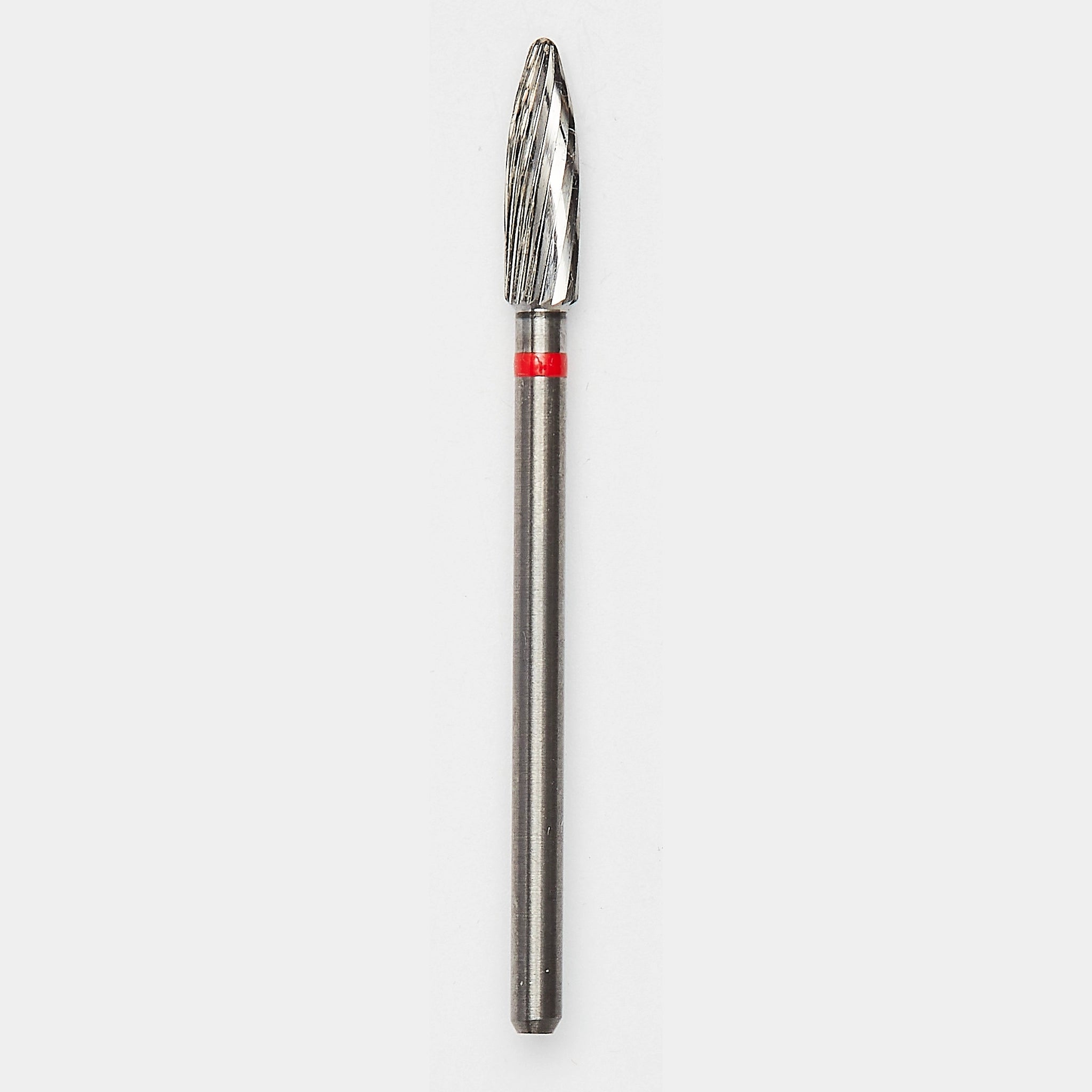 A flame-shaped carbide bur with a red ring, showcasing broad spiral ridges for efficient implant surface smoothing during peri-implantitis treatment. Designed for precision and durability.