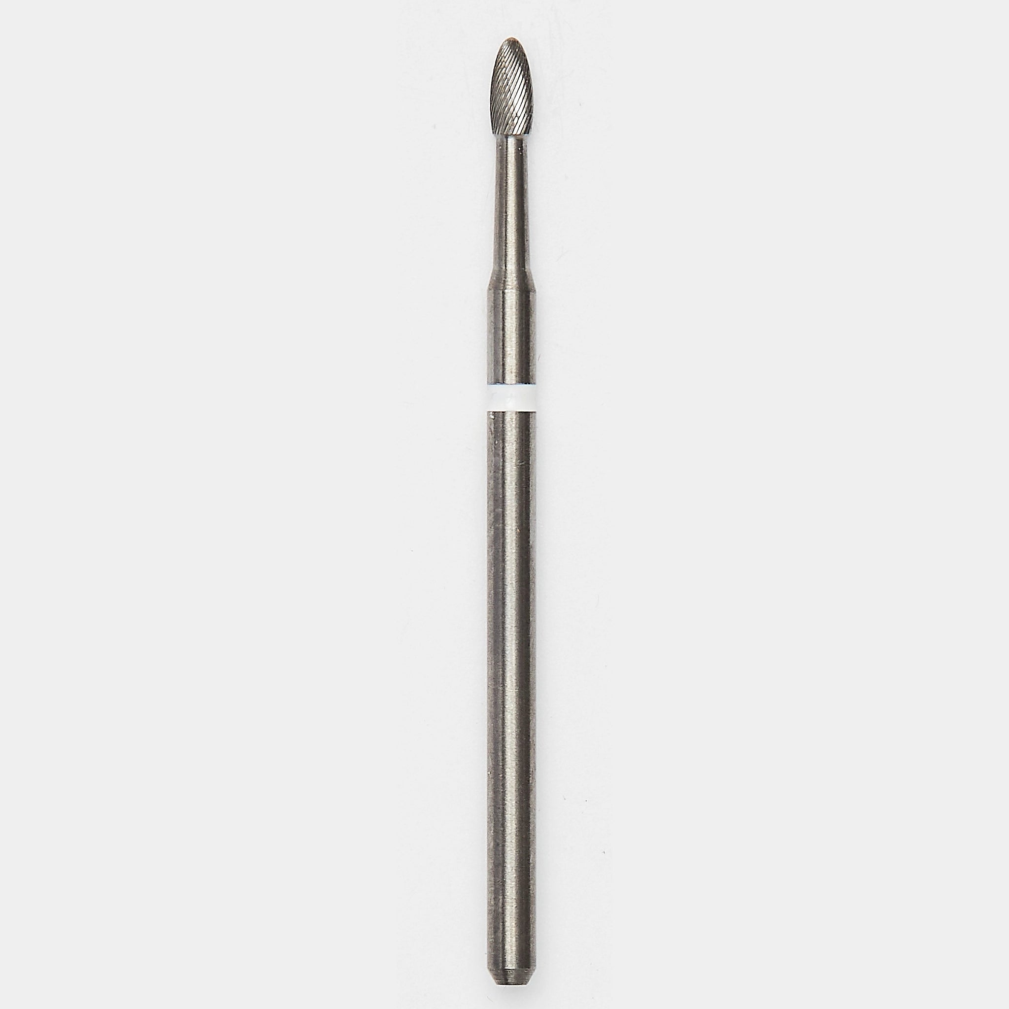 Egg-shaped bur with a fine white ring, ideal for gentle smoothing of titanium implant surfaces during peri-implantitis treatment. The precise design ensures minimal invasiveness and preserves implant integrity.