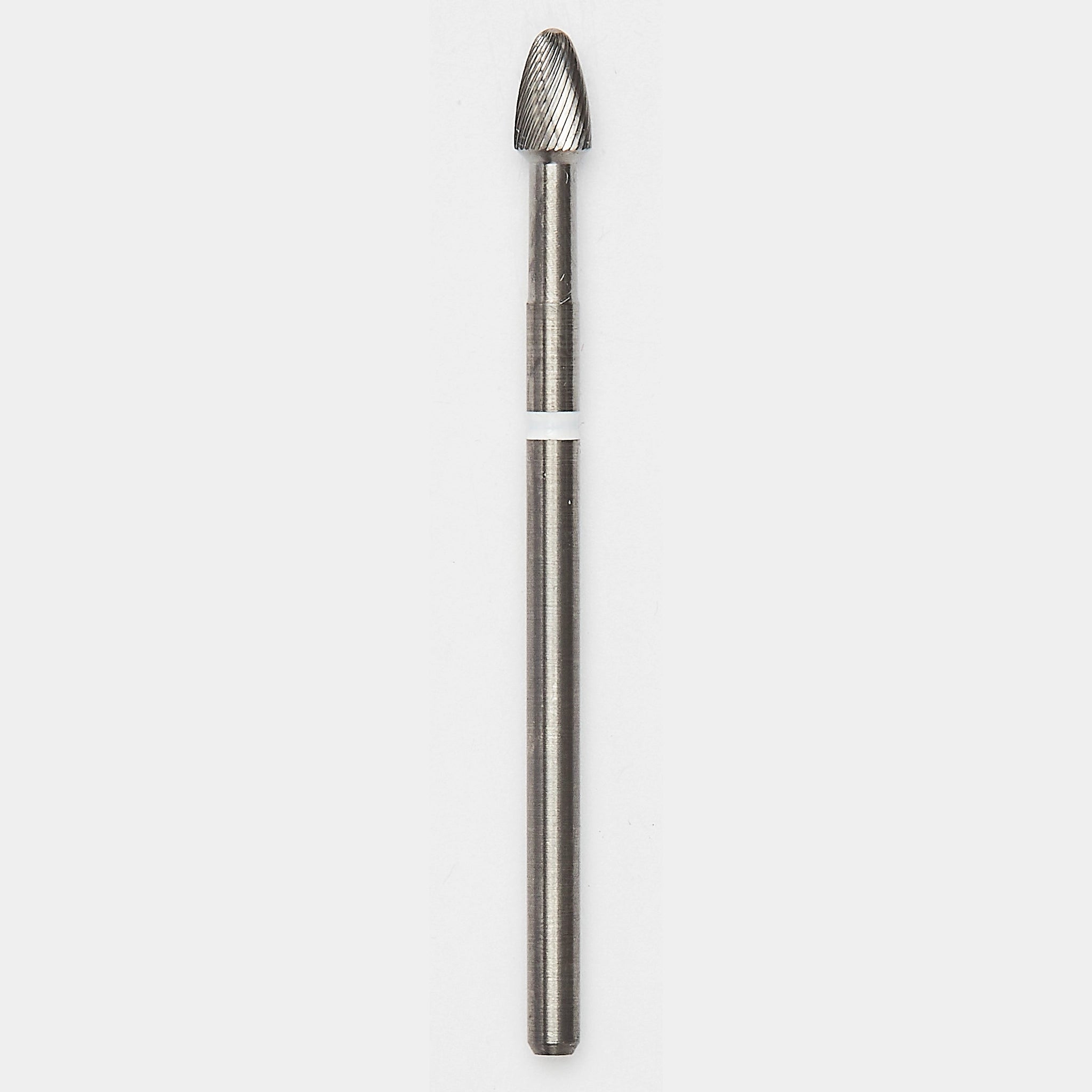 Larger egg-shaped bur with a fine white ring, designed for efficient smoothing of implant surfaces in peri-implantitis cases, offering superior control and precision.