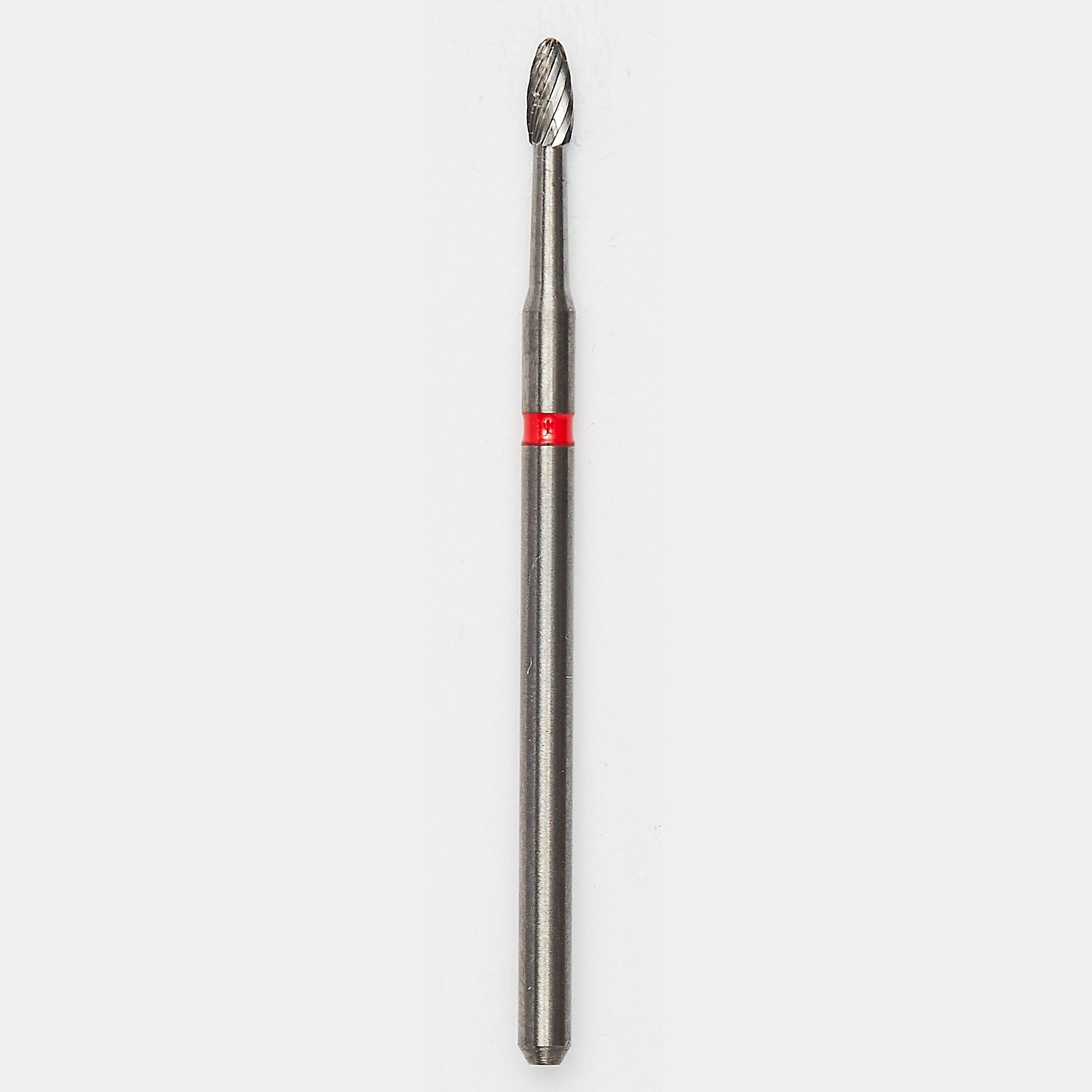 Egg-shaped bur with a red ring, featuring an enhanced cutting edge for effective titanium surface smoothing and treatment of peri-implantitis while maintaining patient safety.