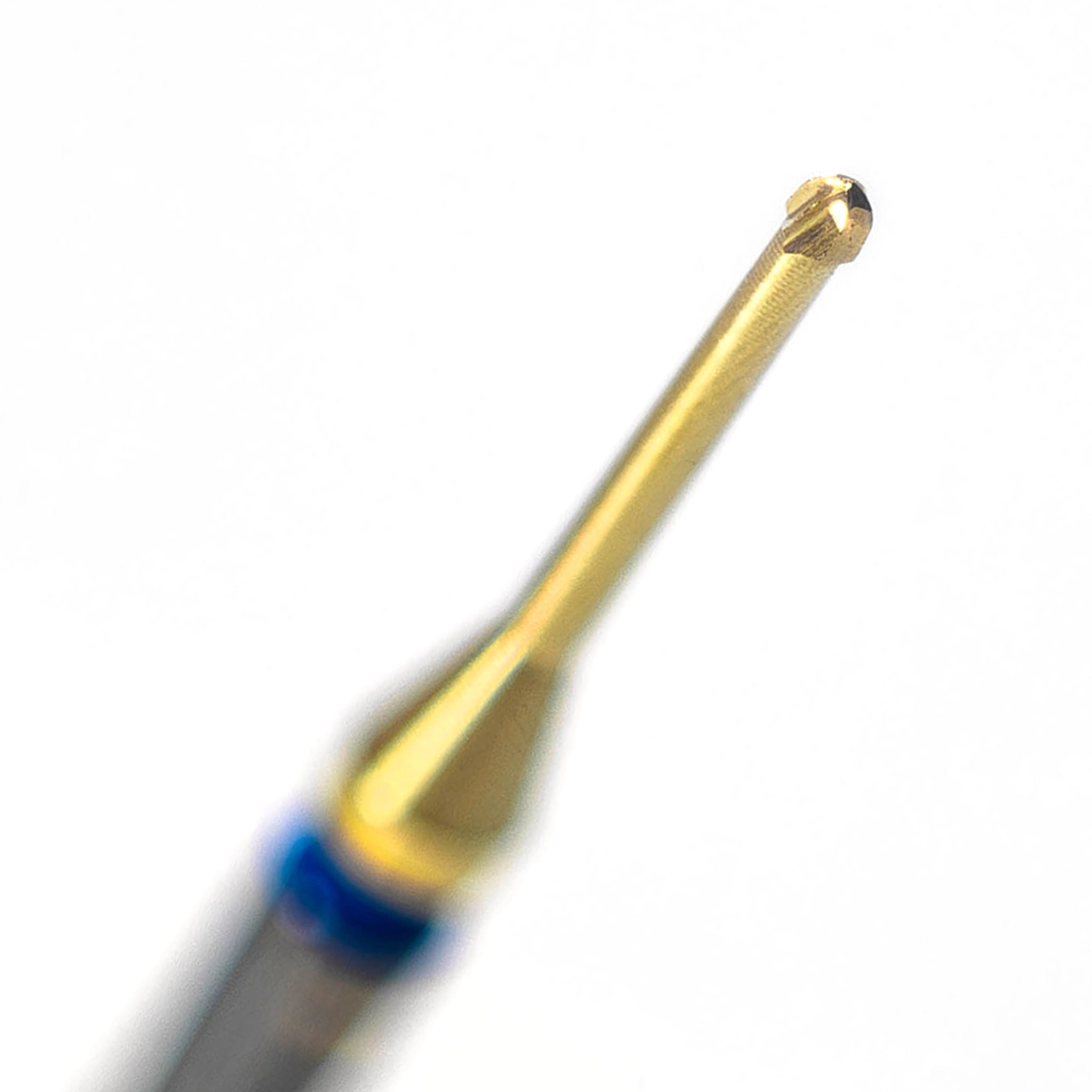 A close-up of an endodontic bur for slow-speed dental use, designed for cleaning the pulp chamber and accessing canal openings; made of tungsten carbide with a titanium nitride coating, shown as a metallic, precision-cut instrument suitable for low-heat, low-vibration procedures.