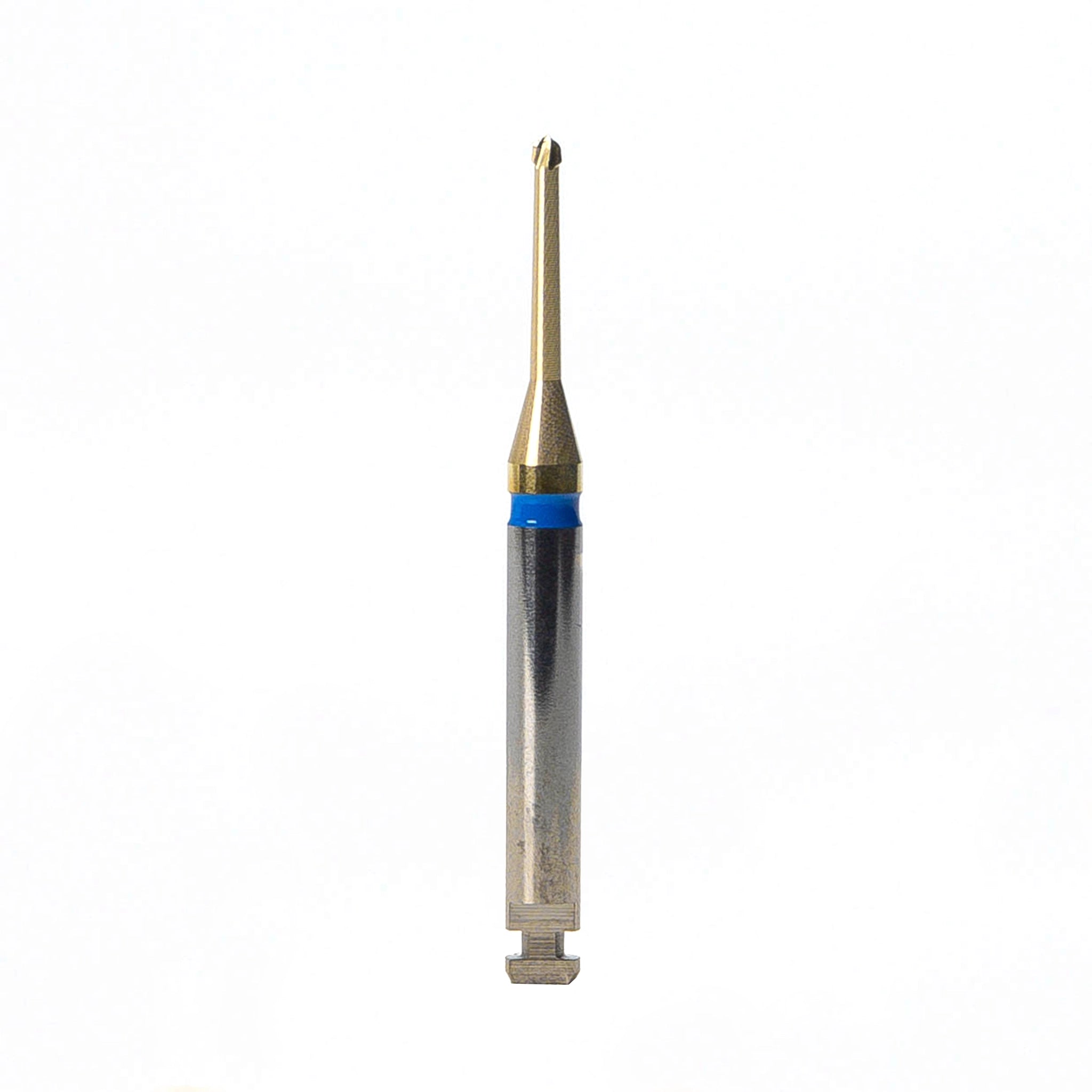Endodontic bur for slow-speed dental use, designed for cleaning the pulp chamber and accessing canal openings; made of tungsten carbide with a titanium nitride coating, shown as a metallic, precision-cut instrument suitable for low-heat, low-vibration procedures.