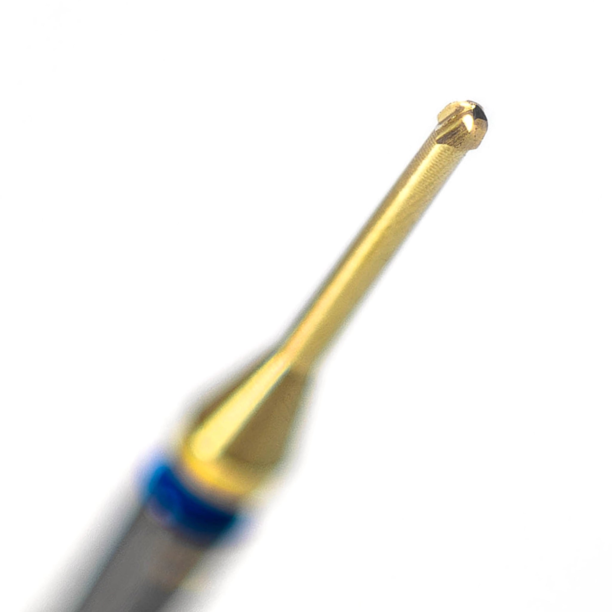 A close-up of a tungsten carbide endodontic bur with titanium nitride coating, designed for slow-speed dental procedures to clean the pulp chamber and access canal openings; features a precise, durable design that minimizes heat and vibration for improved patient comfort.