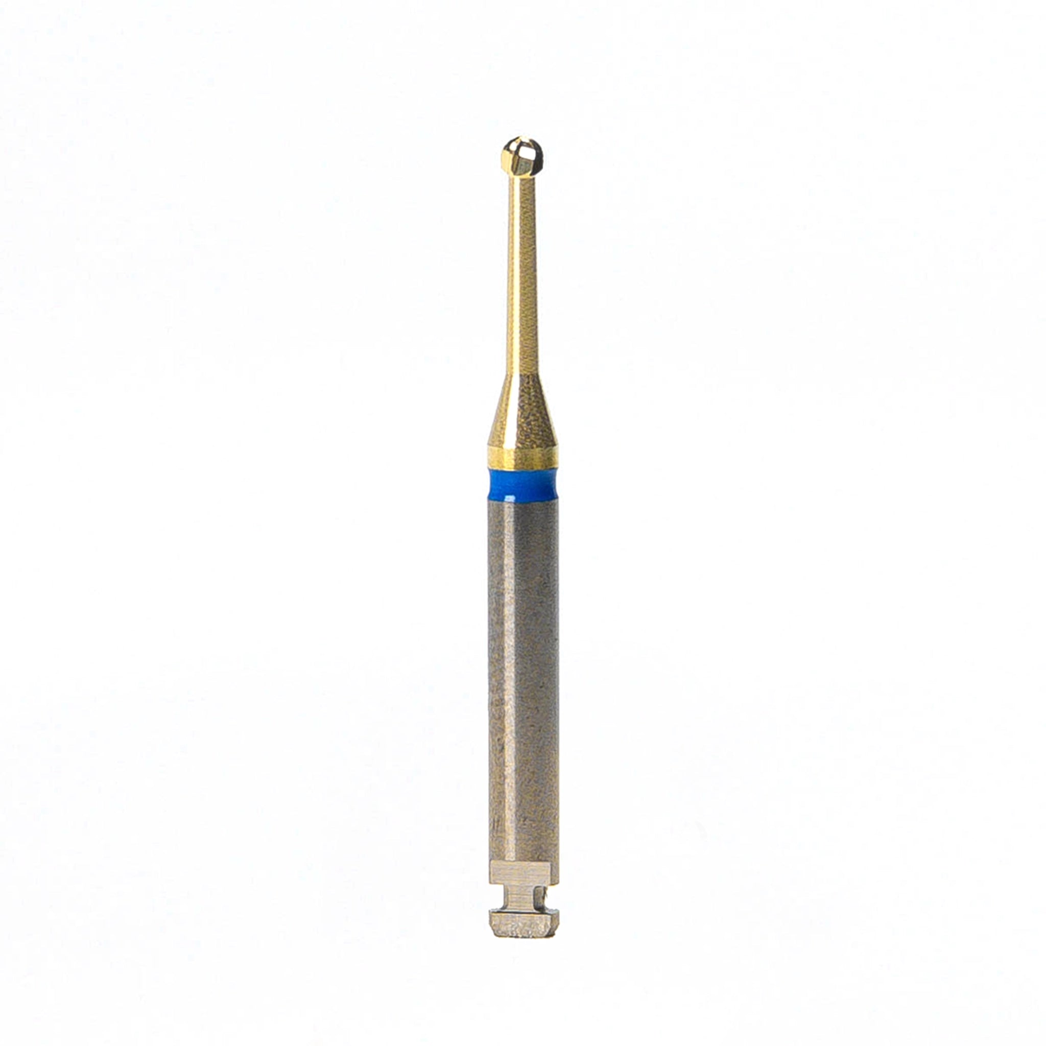 Tungsten carbide endodontic bur with titanium nitride coating, designed for slow-speed dental procedures to clean the pulp chamber and access canal openings; features a precise, durable design that minimizes heat and vibration for improved patient comfort.