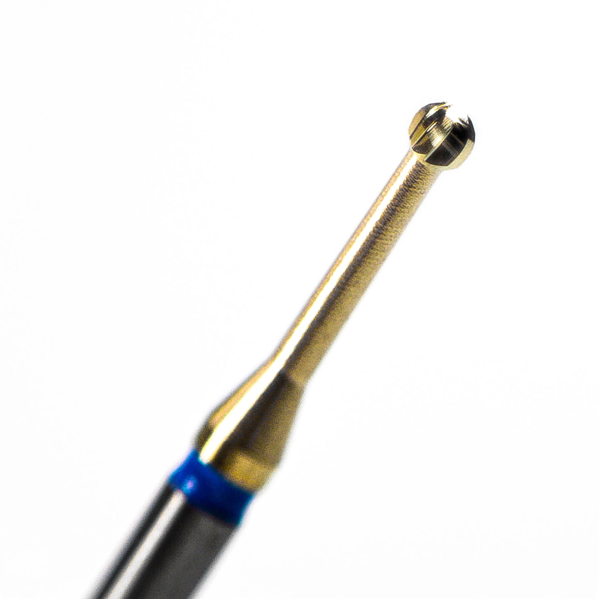 A close-up of an endodontic bur for slow-speed dental use, made of tungsten carbide with a titanium nitride coating; designed for cleaning the pulp chamber and accessing canal openings with minimal heat and vibration for greater precision and patient comfort.